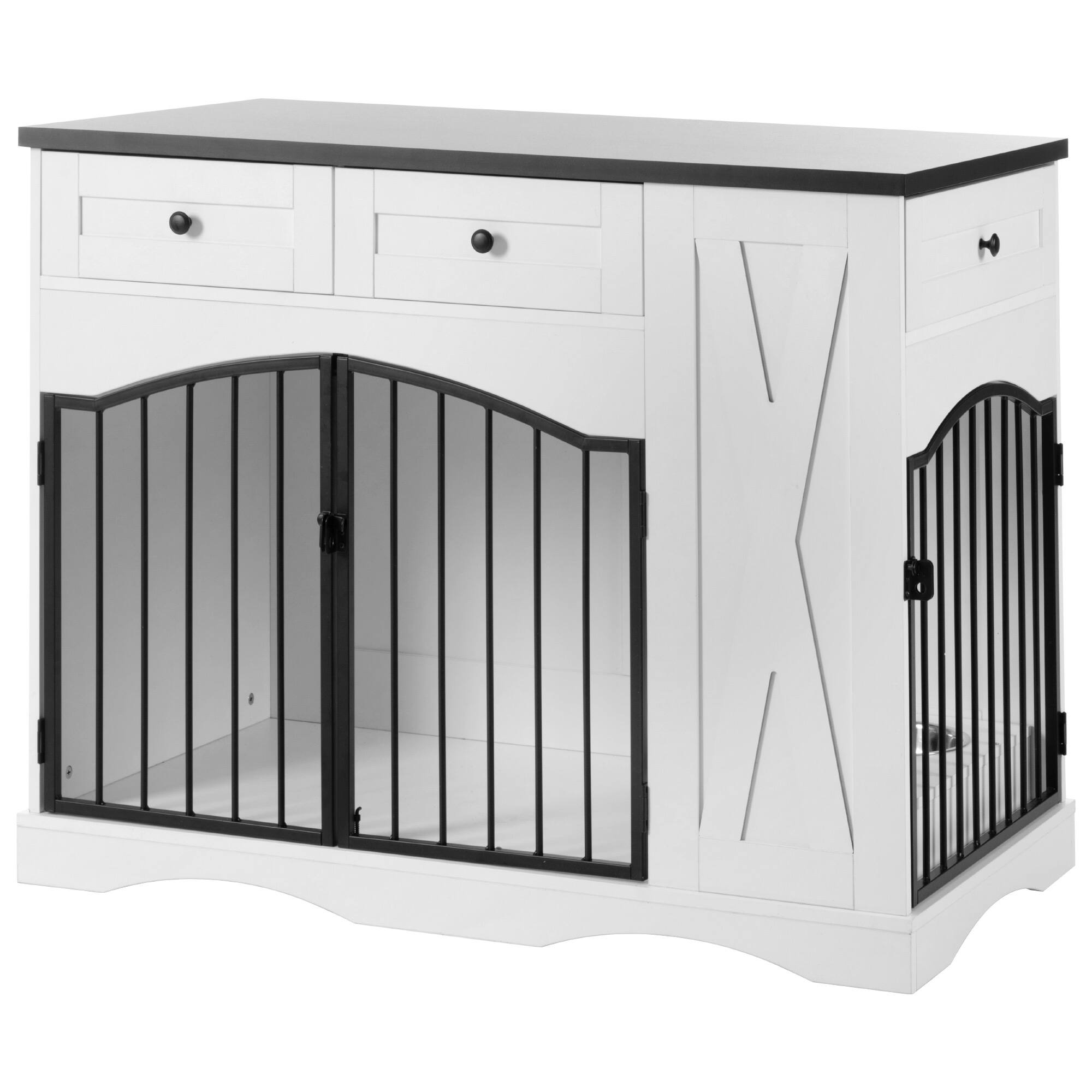 Front. Runesay - 43.3in White Heavy Duty Farmhouse Indoor Wooden Dog Crate Kennel Furniture  End Table with 3 Drawers.