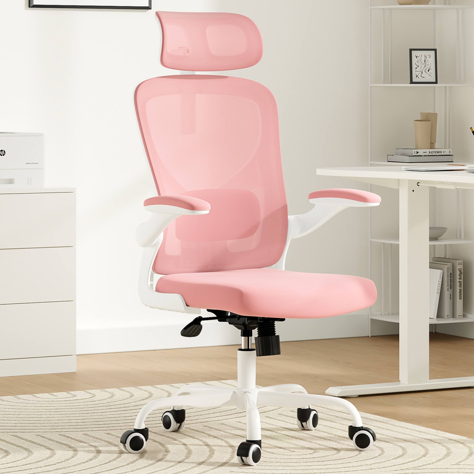 Angle. GOODSILO - Ergonomic High Back Office Chair with Adjustable Headrest and Lumbar Support for Home and Study Rooms - Pink+White.