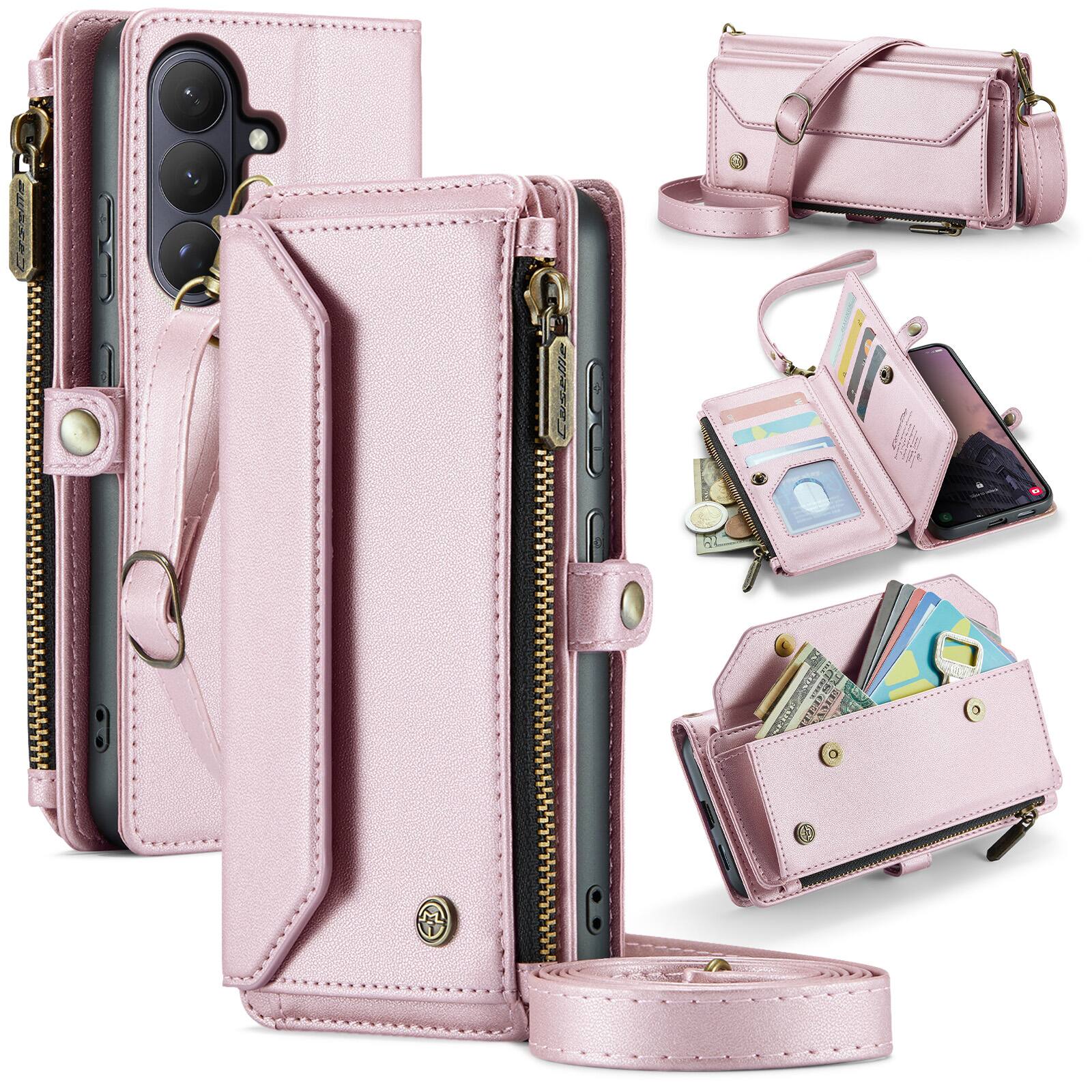 Angle. Dteck - Wallet Case for Samsung Galaxy S26+, PU Leather RFID Blocking Card Holder Kickstand Cover with Crossbody Strap - Pink.