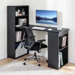 WELLFOR - 48" Computer Desk with 4-Tier Bookcase, Modern Reversible Home office Desk Writing Desk for Small Spaces - Black