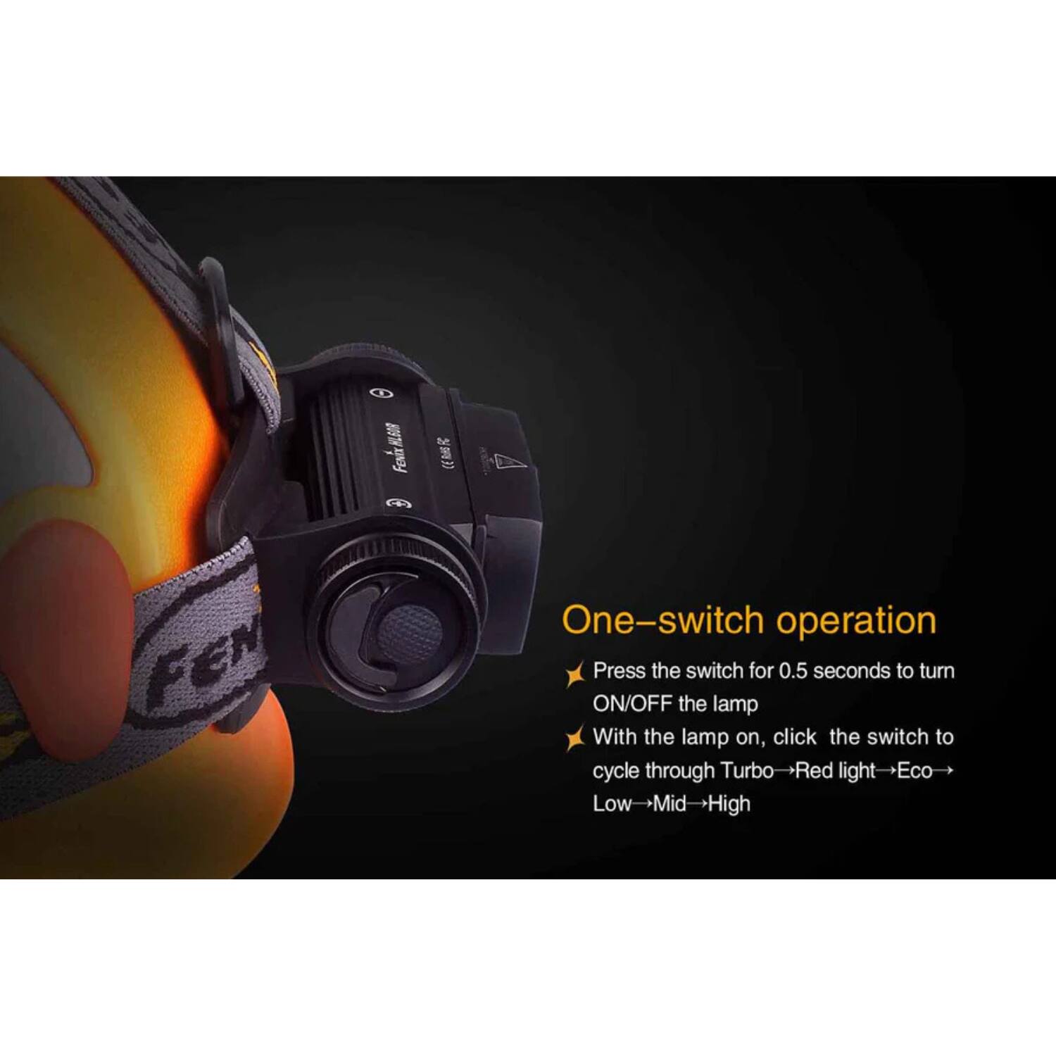 One-switch operation

- Press the switch for 0.5 seconds to turn ON/OFF the lamp
- With the lamp on, click the switch to cycle through Turbo → Red light → Eco → Low → Mid → High