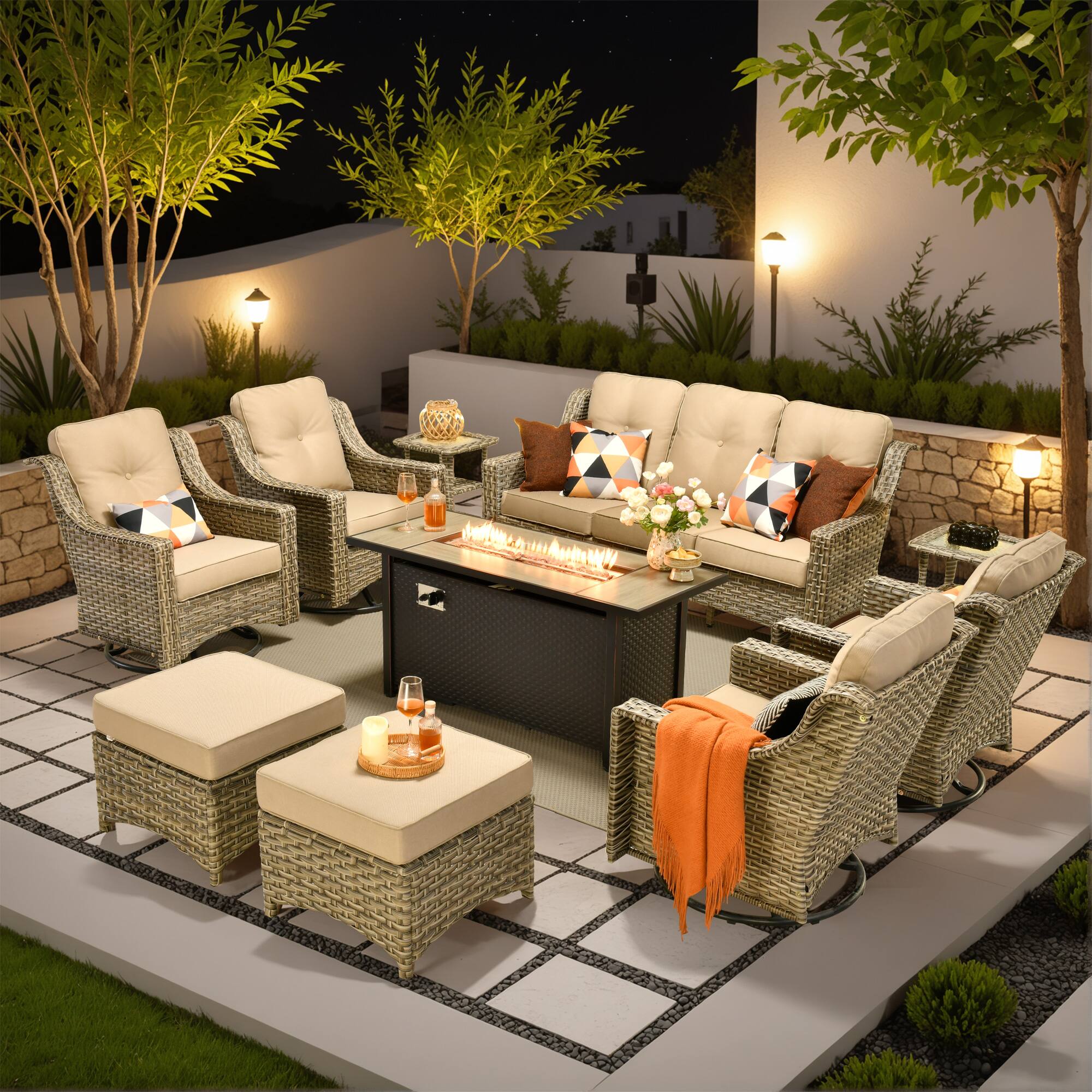 Ovios - 10 PCS Patio Furniture Set, High Back Sofa with Swivel Chair, Coffee Table & 54" Fire Pit Table - Beige