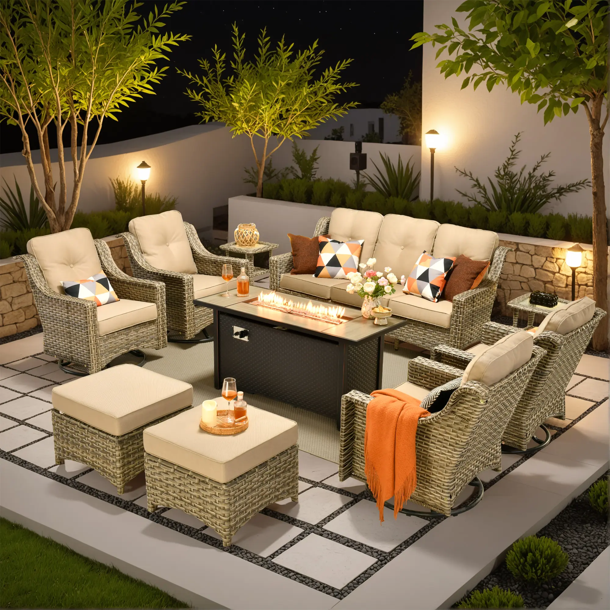 Front. Ovios - 10 PCS Patio Furniture Set, High Back Sofa with Swivel Chair, Coffee Table & 54" Fire Pit Table - Beige.