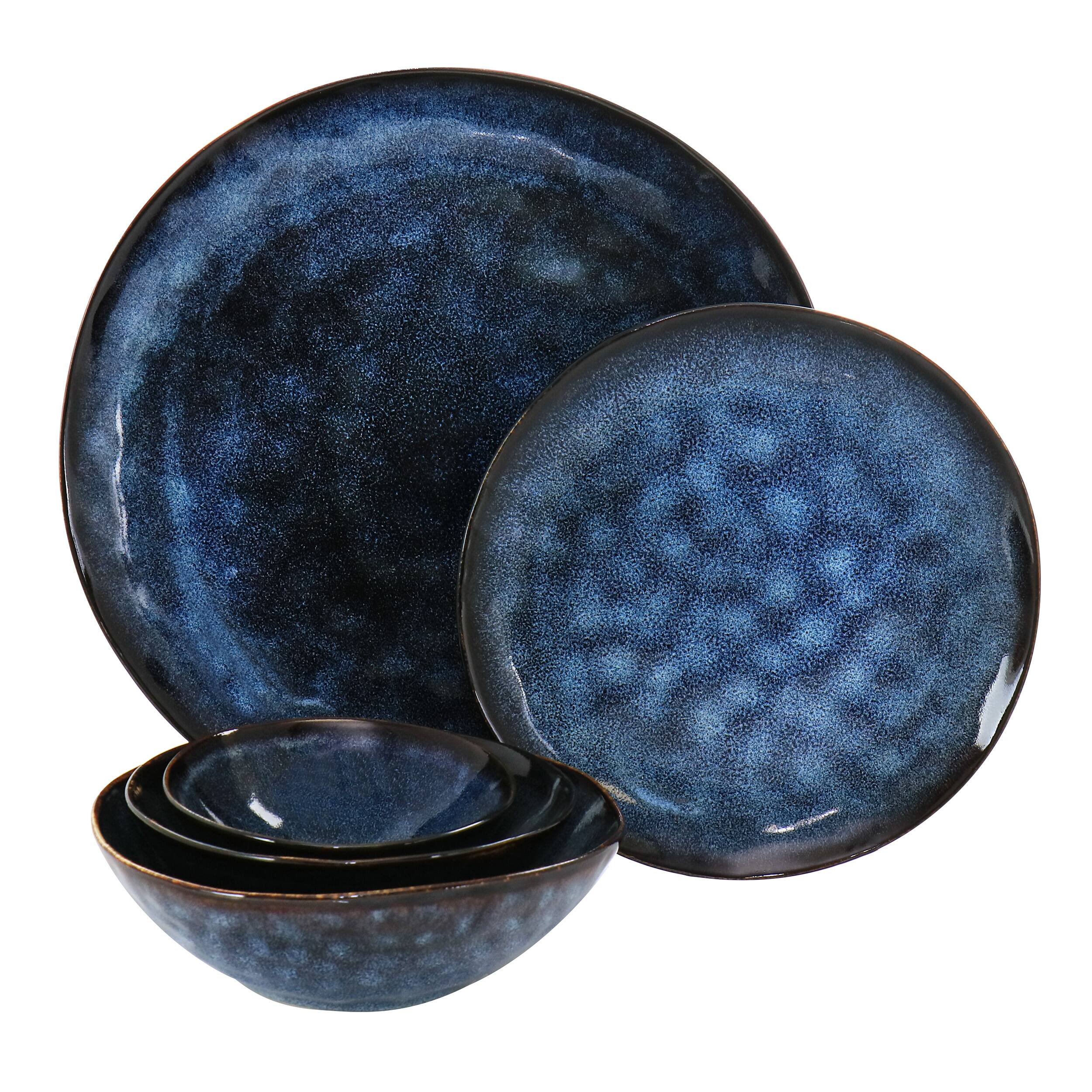 Alt View 1. Elama - Elama Lucca 20 Piece Round Stoneware Triple Bowl Dinnerware Set in Reactive Glaze Blue - Blue.