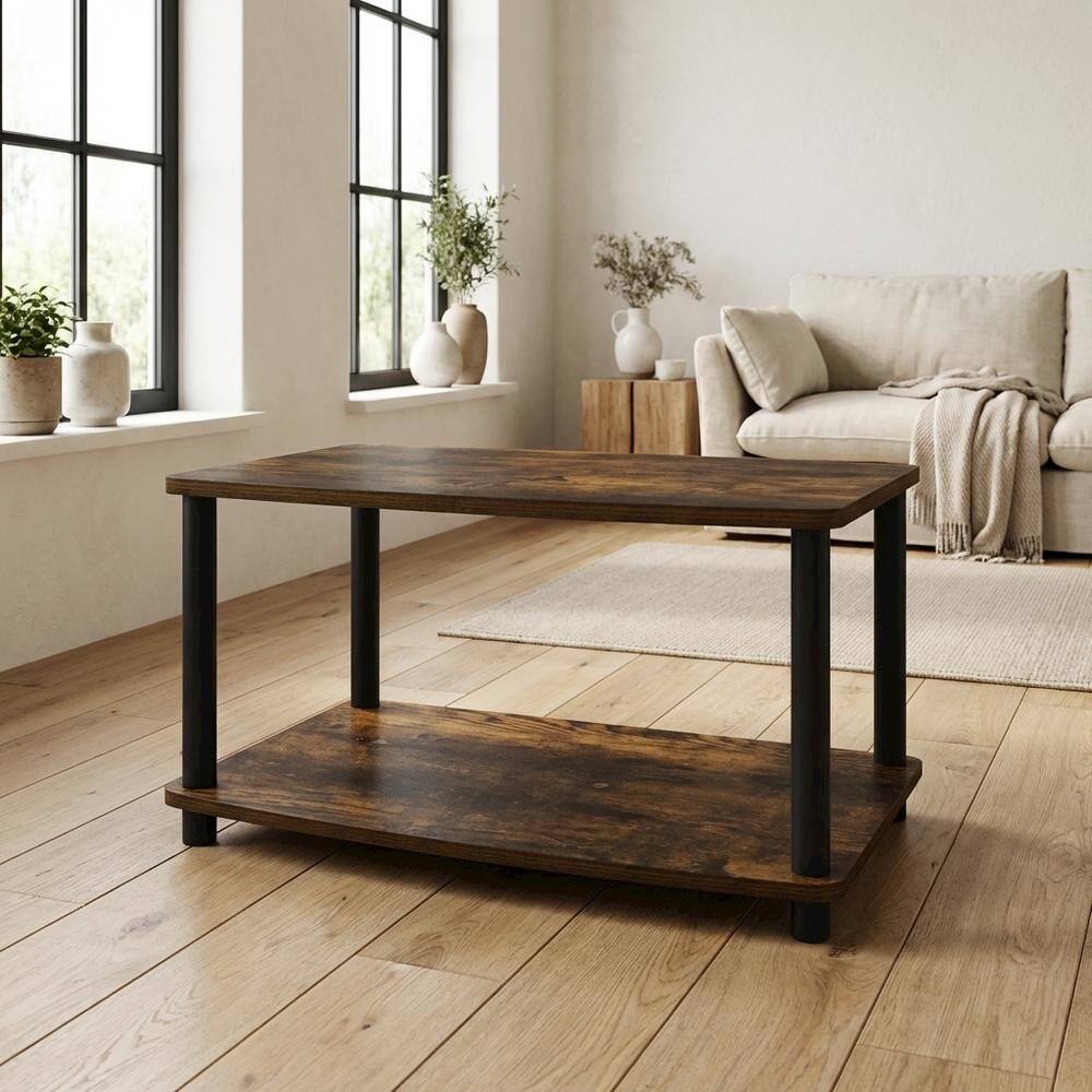 Alt View 2. FurniFact - Wooden TV stand, Amber Pine, black finish, no tools required, 2-tier design - Brown black.
