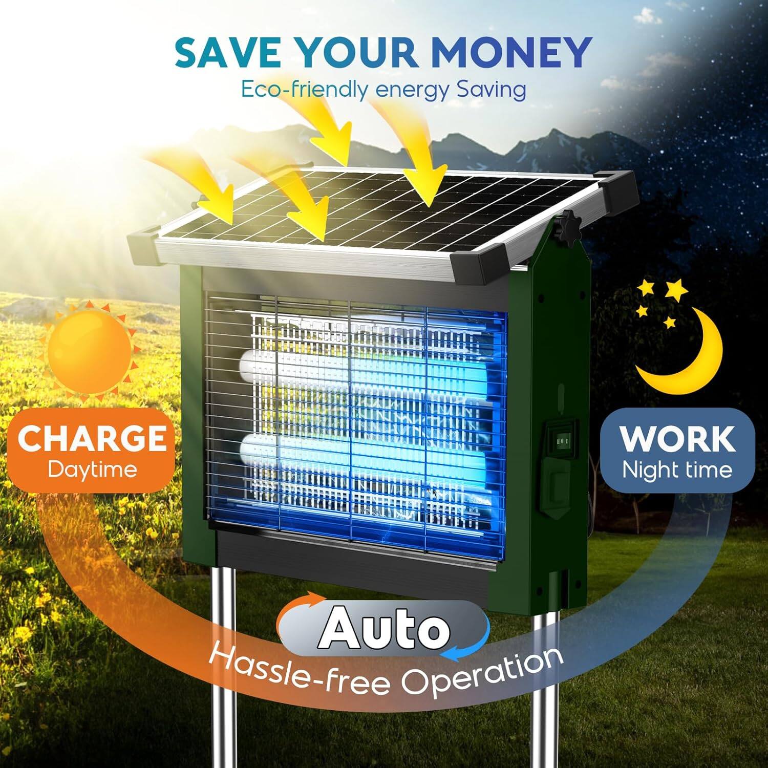 SAVE YOUR MONEY  
Eco-friendly energy Saving

CHARGE  
Daytime

WORK  
Night time

Auto  
Hassle-free Operation