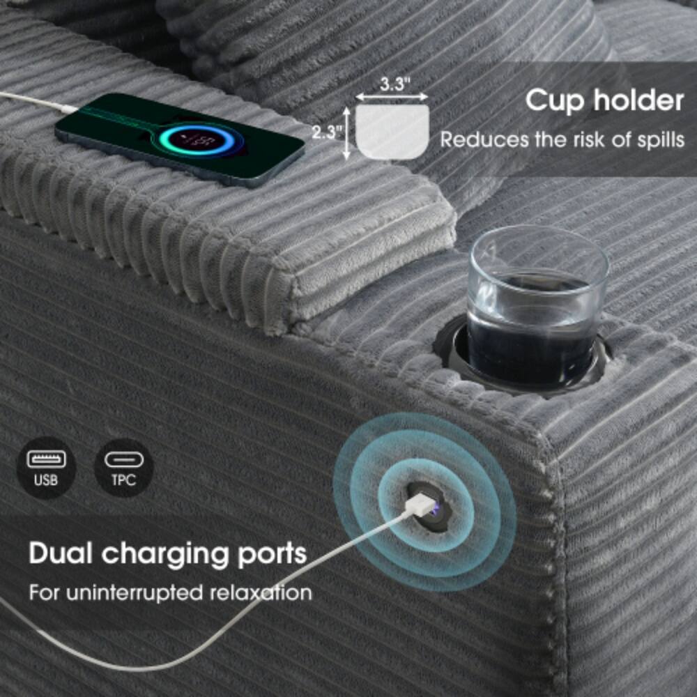 5 2.3" 3.3" Cup holder Reduces the risk of spills USB PC Dual charging ports For uninterrupted relaxation