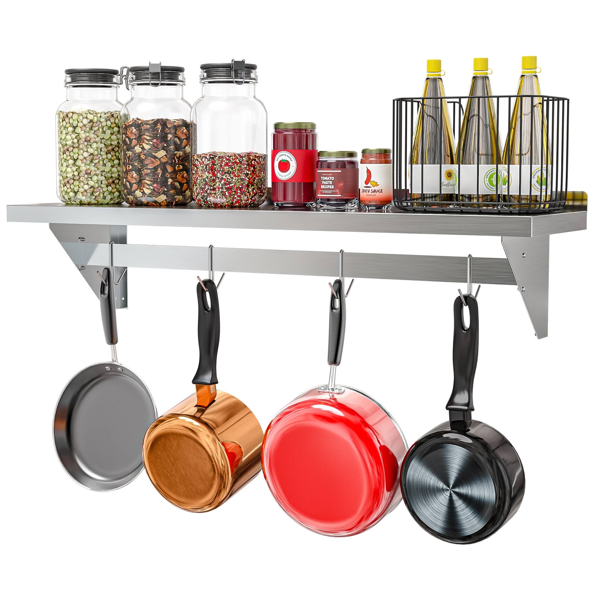 Koolmore - 12" x 48" 18-Gauge Stainless-Steel Heavy Duty Wall Shelf with Pot Rack, WMPS-1248 - Stainless Steel