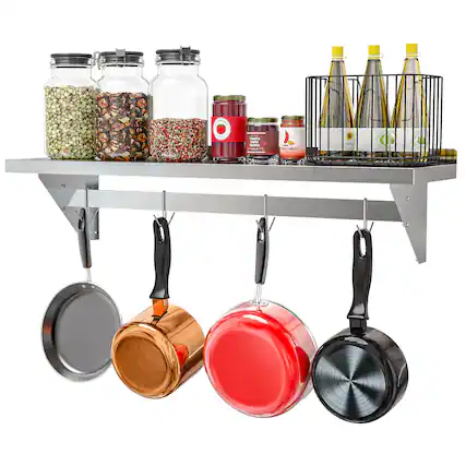 Front. Koolmore - 12" x 48" 18-Gauge Stainless-Steel Heavy Duty Wall Shelf with Pot Rack, WMPS-1248 . - Stainless-Steel.