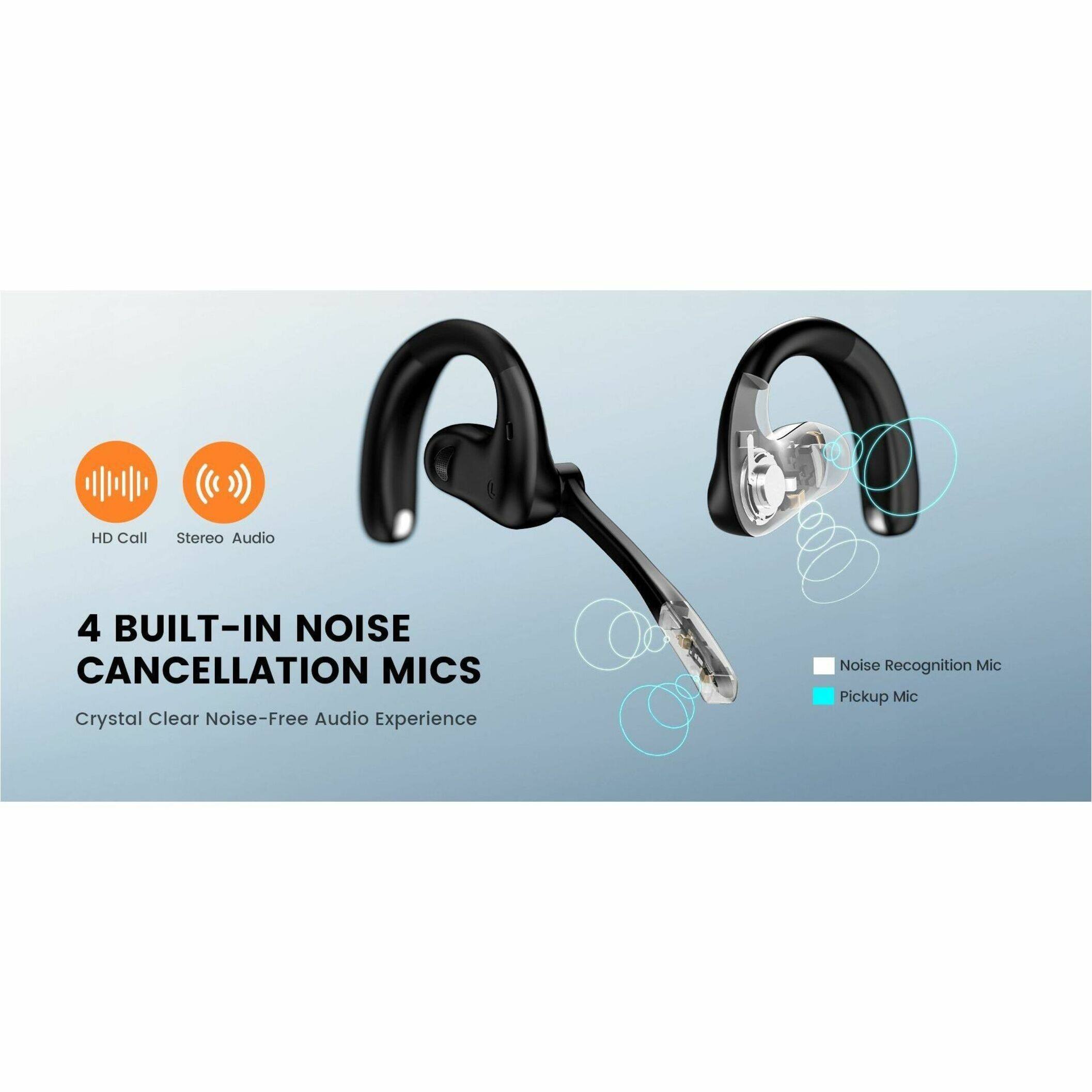 The text on the image is grouped and corrected as follows:

"4 BUILT-IN NOISE CANCELLATION MICS - Crystal Clear Noise-Free Audio Experience - Noise Recognition Mic - Pickup Mic"