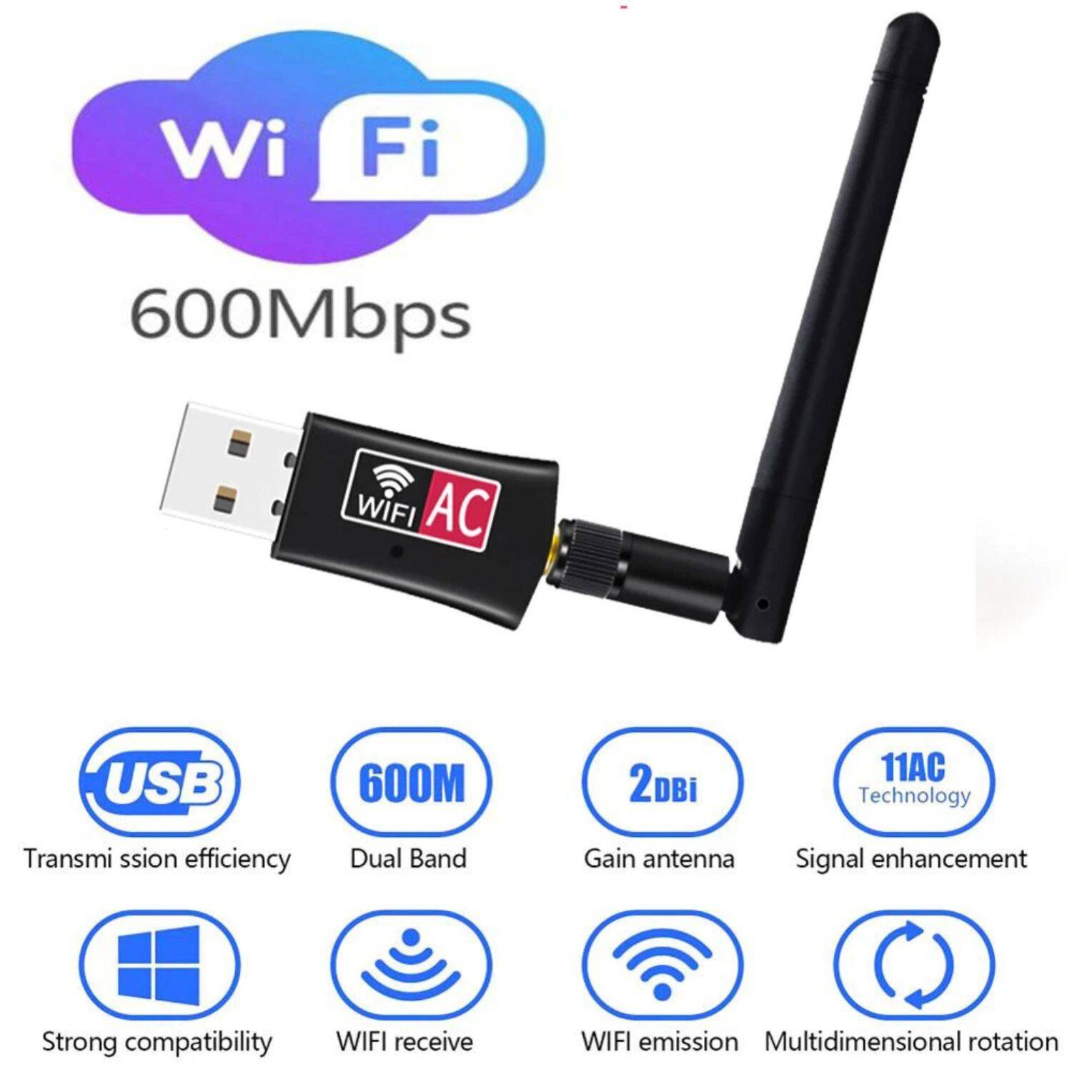 Wi-Fi  
600Mbps  
WIFI AC  

USB  
Transmission efficiency  

600M  
Dual Band  

2DBi  
Gain antenna  

11AC Technology  
Signal enhancement  

Strong compatibility  

WIFI receive  

WIFI emission  

Multidimensional rotation