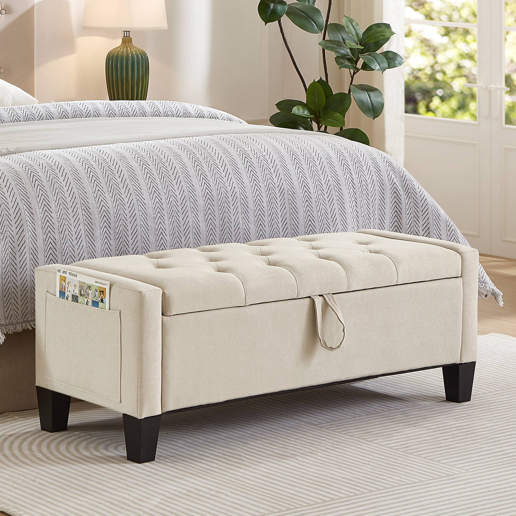 Front. Ropilly - Ropilly Beige Storage Ottoman Bench Upholstered Entryway Seating with Safety Hinge and Wooden Shelf - Beige.