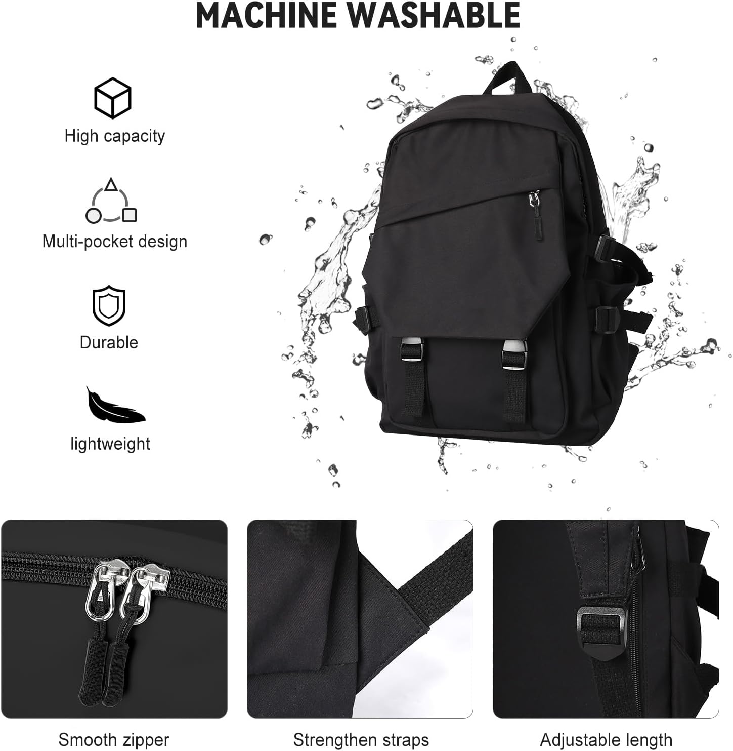 MACHINE WASHABLE

- High capacity
- Multi-pocket design
- Durable
- Lightweight
- Smooth zipper
- Strengthen straps
- Adjustable length