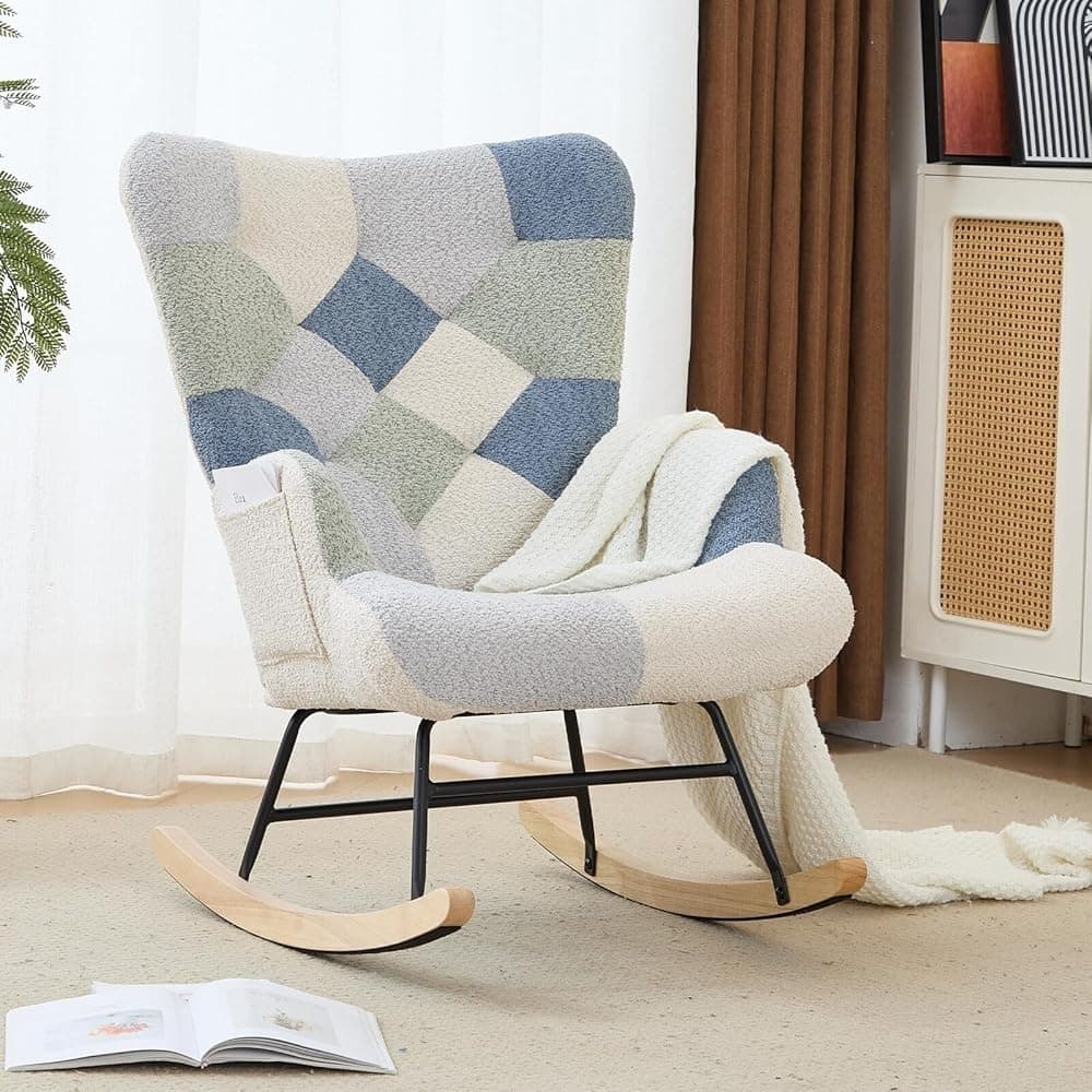 Loheer - Patchwork Teddy Fleece Rocking Chair High Back Nursery Glider Rocker Rubberwood Accent Armchair - Dark Blue price history on PriceWatchPro