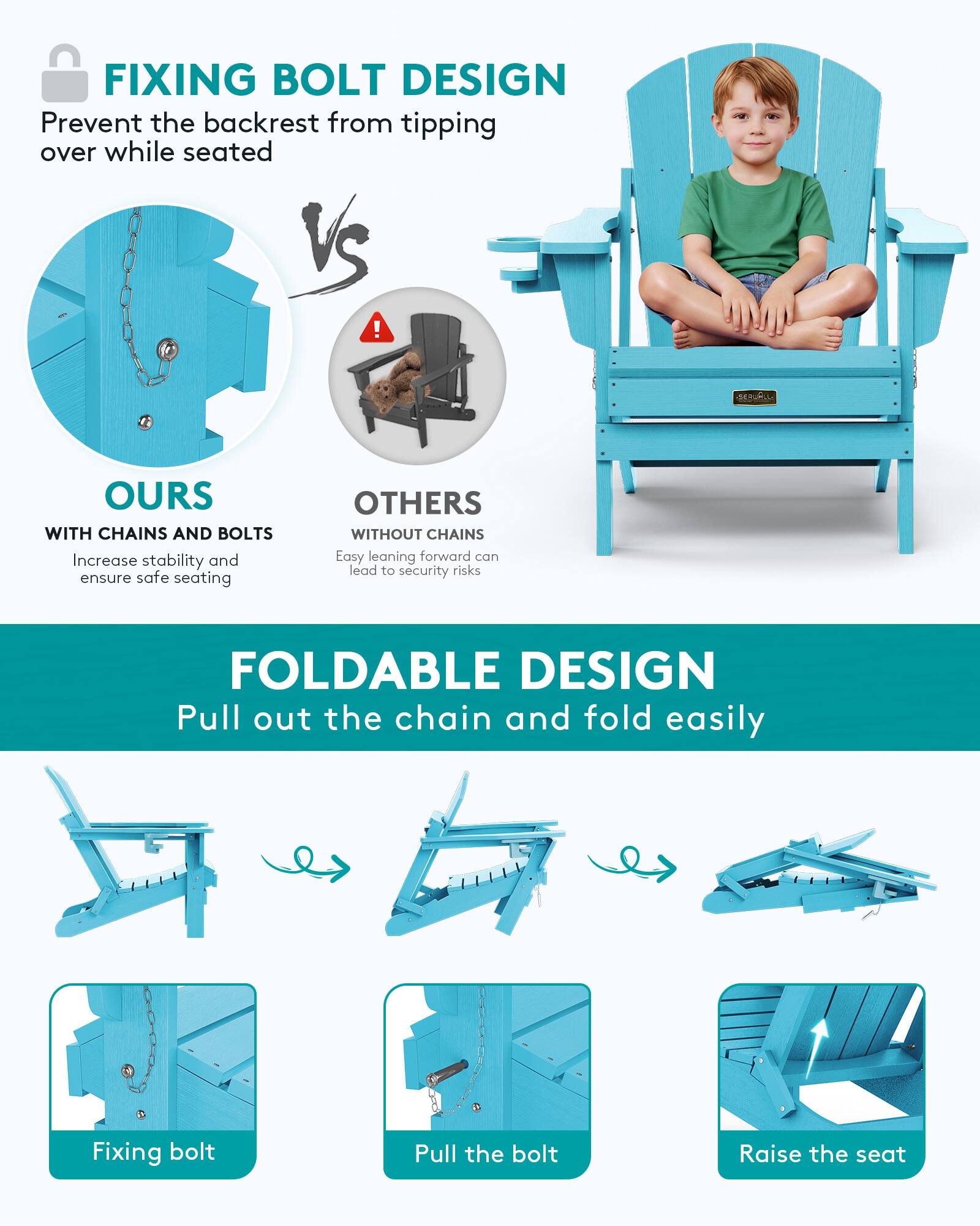 SERWALL Folding Adirondack Chair with Cup Holder Weather Resistant ...