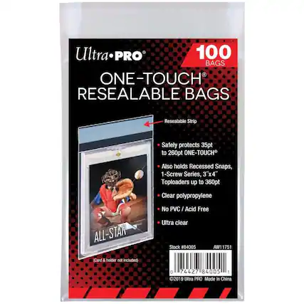 Ultra PRO 100 BAGS ONE-TOUCH RESEALABLE BAGS
Resealable Strip
Safely protects 35pt to 260pt ONE-TOUCH
Also holds Recessed Snaps, 1-Screw Series, 3"x4" Toploaders up to 360pt
Clear polypropylene
ALL-STAR
No PVC / Acid Free
Ultra clear
Stock #84005
AW11751
(Card & holder not included)
0 74427 84005 1
©2019 Ultra PRO Made In China