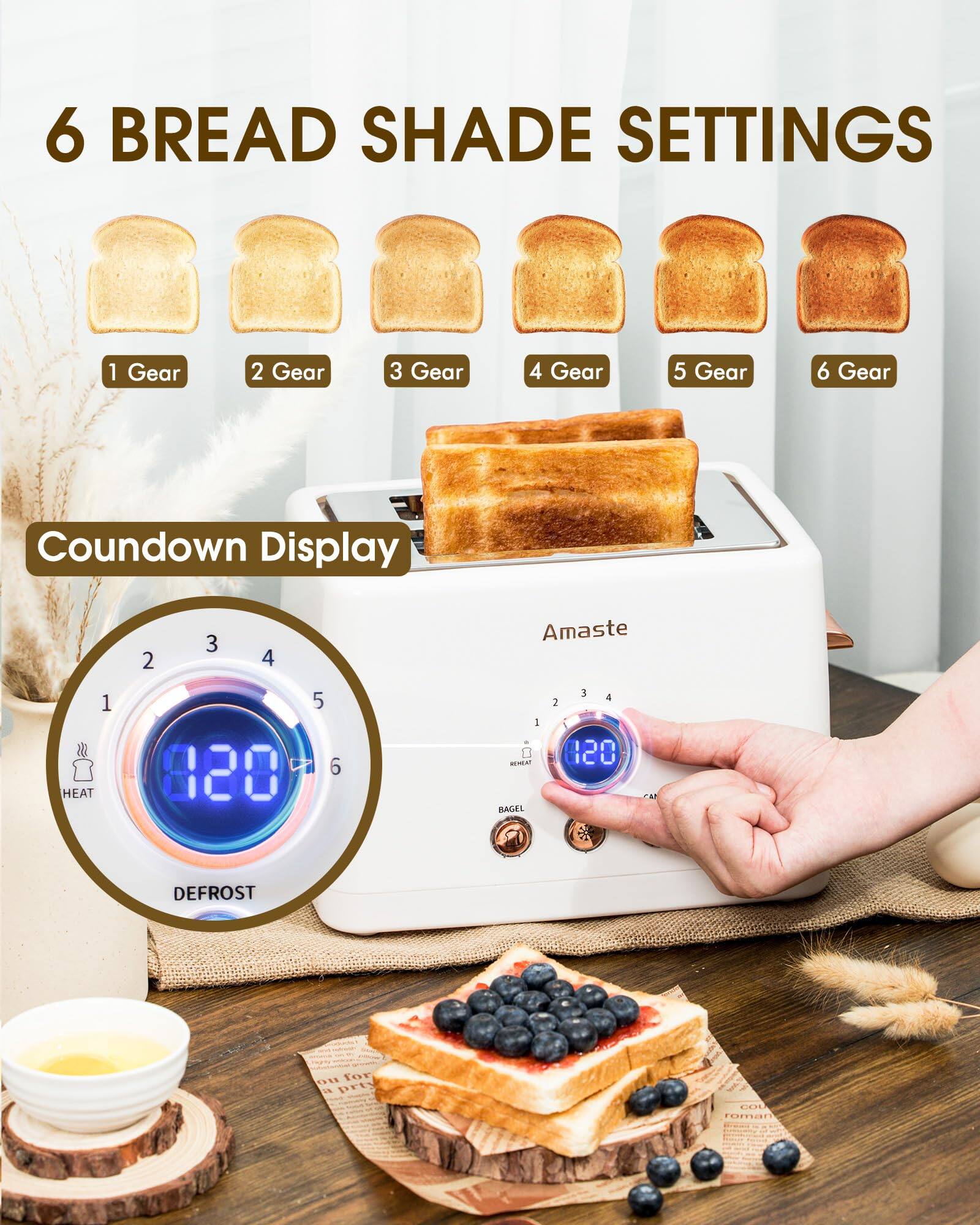 6 BREAD SHADE SETTINGS  
1 Gear  
2 Gear  
3 Gear  
4 Gear  
5 Gear  
6 Gear  

Countdown Display  
8:20  

Amaste  
HEAT  
DEFROST  
BAGEL  
120