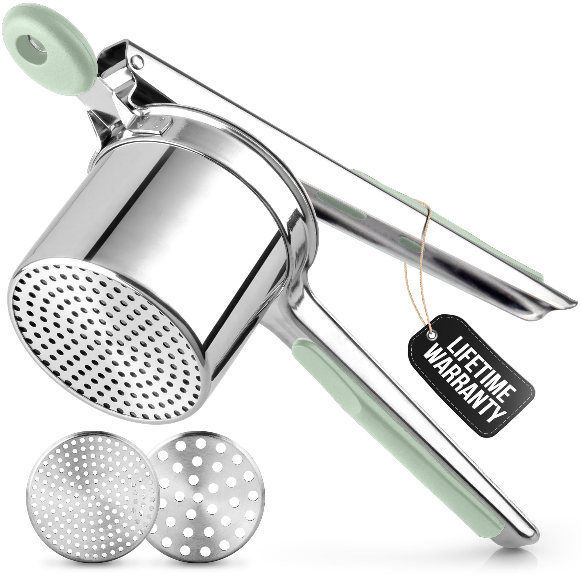 Front. Zulay Kitchen - Zulay Kitchen Large Stainless Steel Potato Masher and Ricer Kitchen Tool - Silver Green.