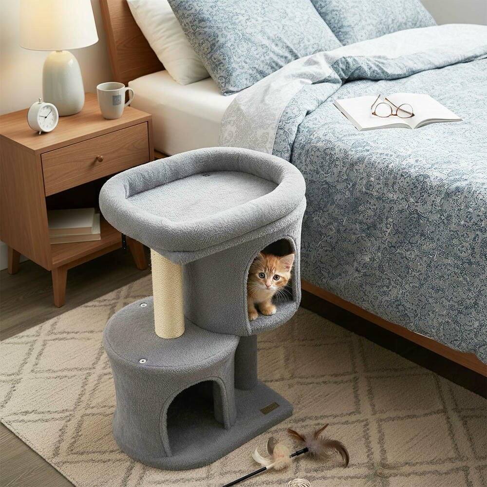 Left. Kadyn - 26-Inch Compact Cat Tower with Large Padded Perch and Two Condos, Light Gray - Gray.