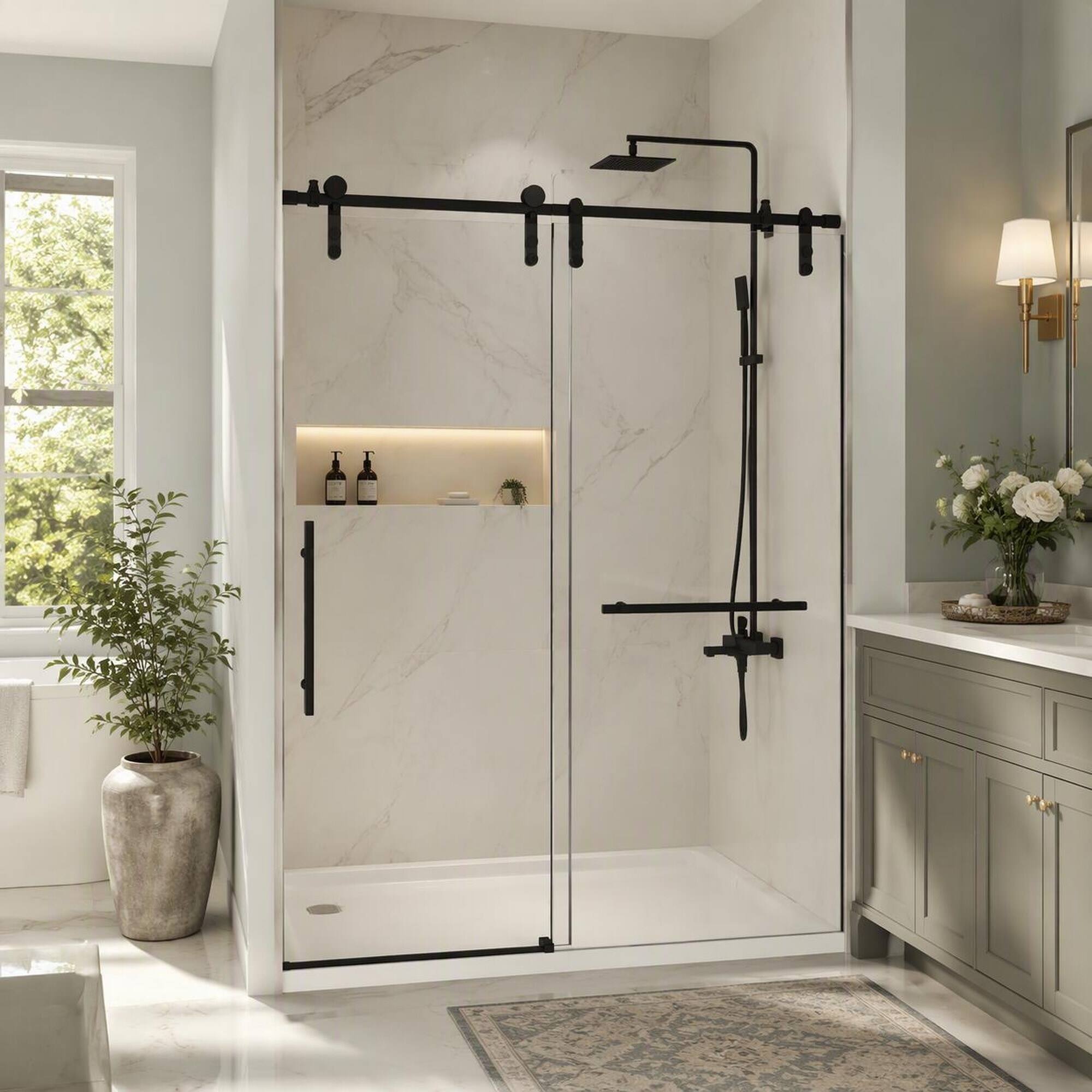 Angle. RYHNUYNE - 56-60 In X 76 In H Frameless Sliding Shower Door, 5/16 In Clear Tempered Glass Matte Black Finish - Matte Black.