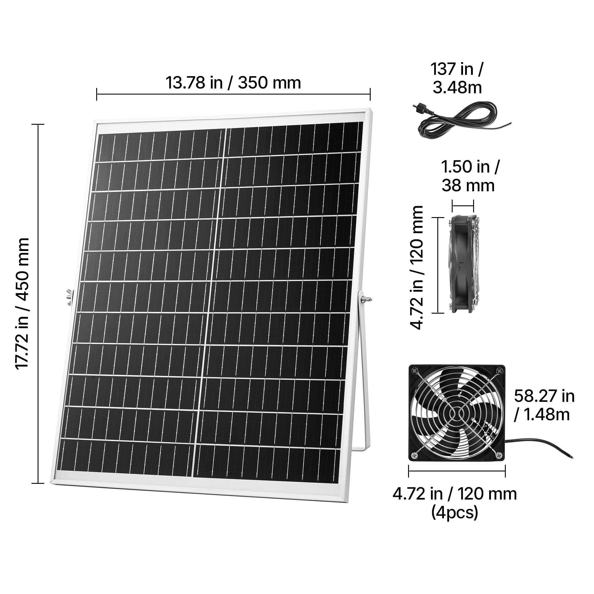 13.78 in / 350 mm  
137 in / 3.48m  
17.72 in / 450 mm  
1.50 in / 38 mm  
58.27 in / 1.48m  
4.72 in / 120 mm (4pcs)