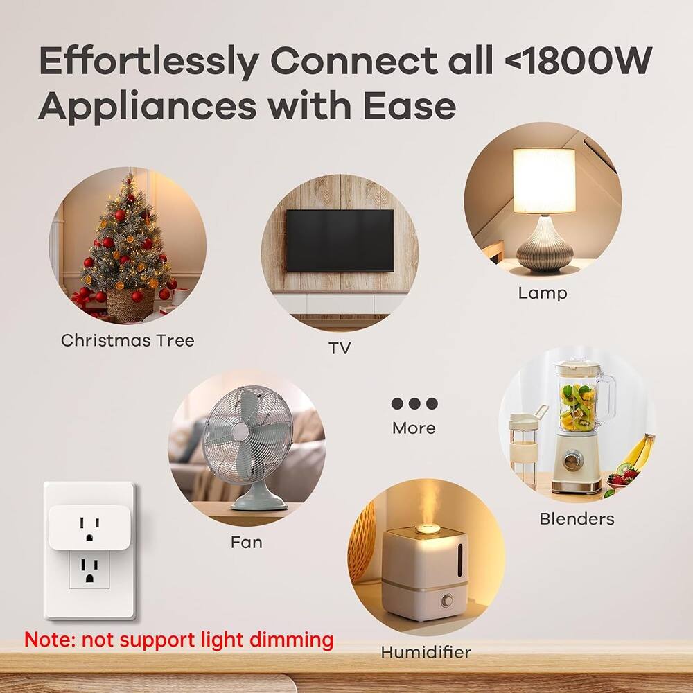 Effortlessly Connect all <1800W Appliances with Ease

- Christmas Tree
- TV
- Lamp
- Fan
- Humidifier
- Blenders

Note: not support light dimming