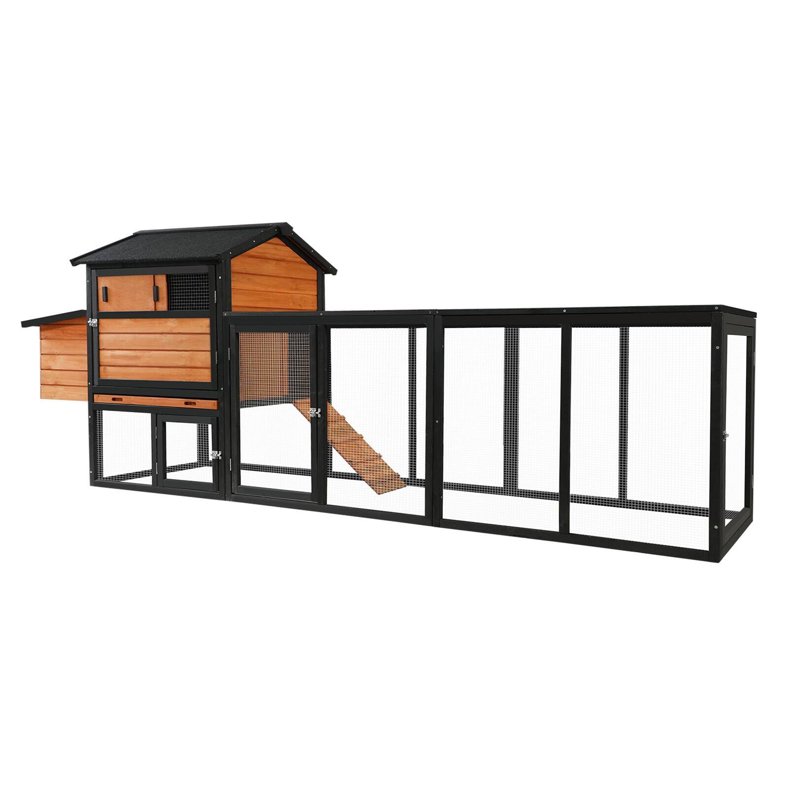 Alt View 5. Mondawe - 115" Fir Wood Chicken Coop Outdoor Hen House Poultry Cage w/ Run & Nesting Box, Sliding Door & Lock - Brown.