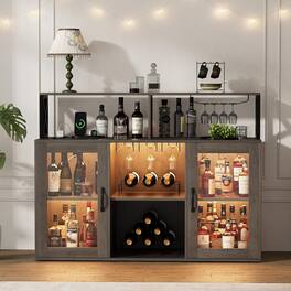 GARVEE - Freestanding Liquor Cabinet for Home with LED Lights, Wine Bar Cabinet, Coffee Bar Buffet Sideboard Storage, Grey - Gray