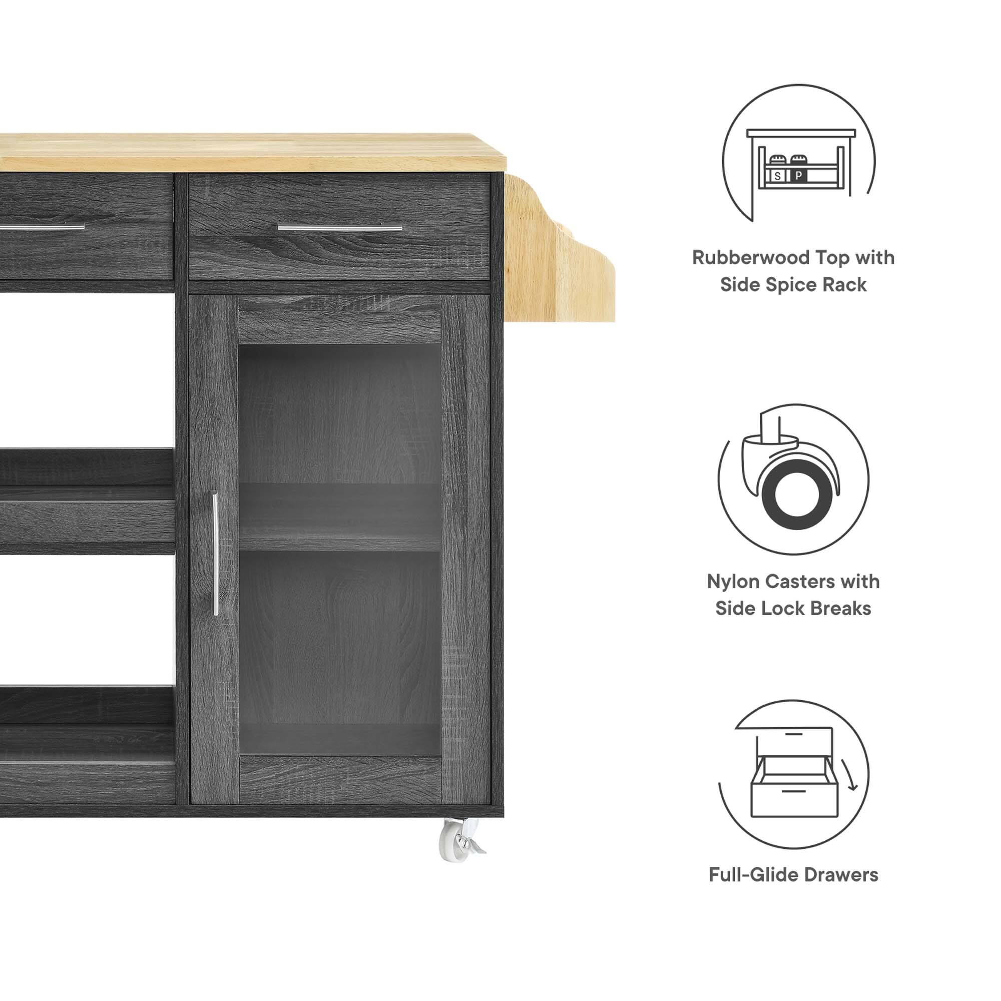 5 P Rubberwood Top with Side Spice Rack  
Nylon Casters with Side Lock Breaks  
Full-Glide Drawers