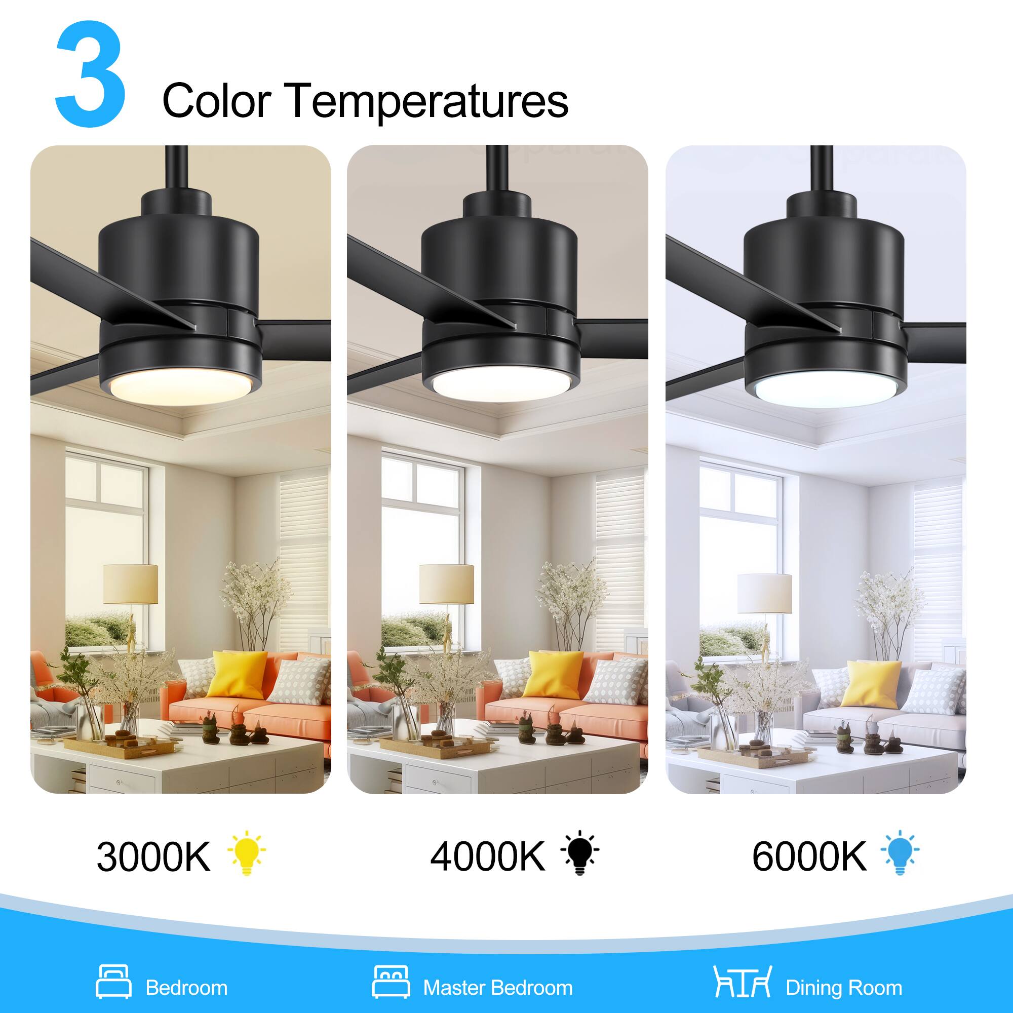 3 Color Temperatures
3000K
4000K
6000K
Bedroom
Master Bedroom
Dining Room