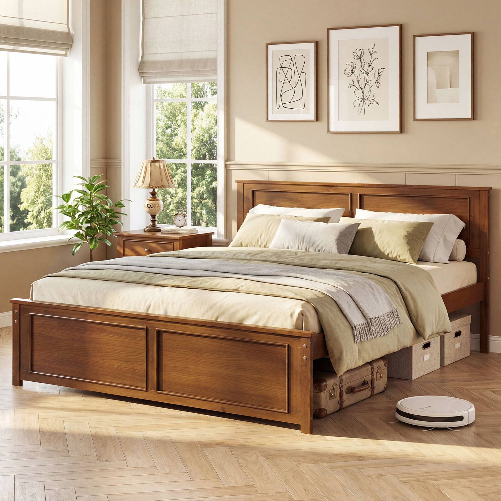 Alt View 4. Gymax - Gymax Queen Size Bed Frame Farmhouse Wooden Platform Bed w/ Headboard Walnut - Brown.