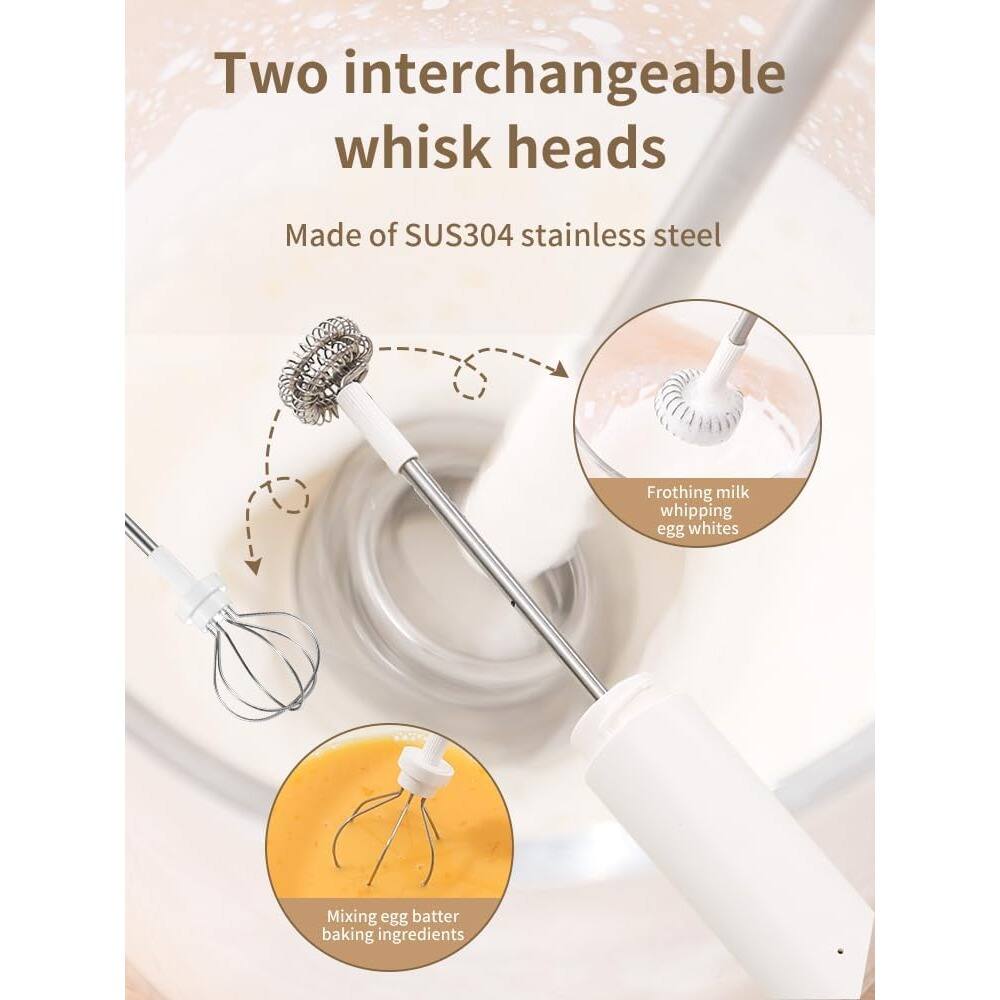 Two interchangeable whisk heads  
Made of SUS304 stainless steel  

- Frothing milk  
- Whipping egg whites  
- Mixing egg batter baking ingredients