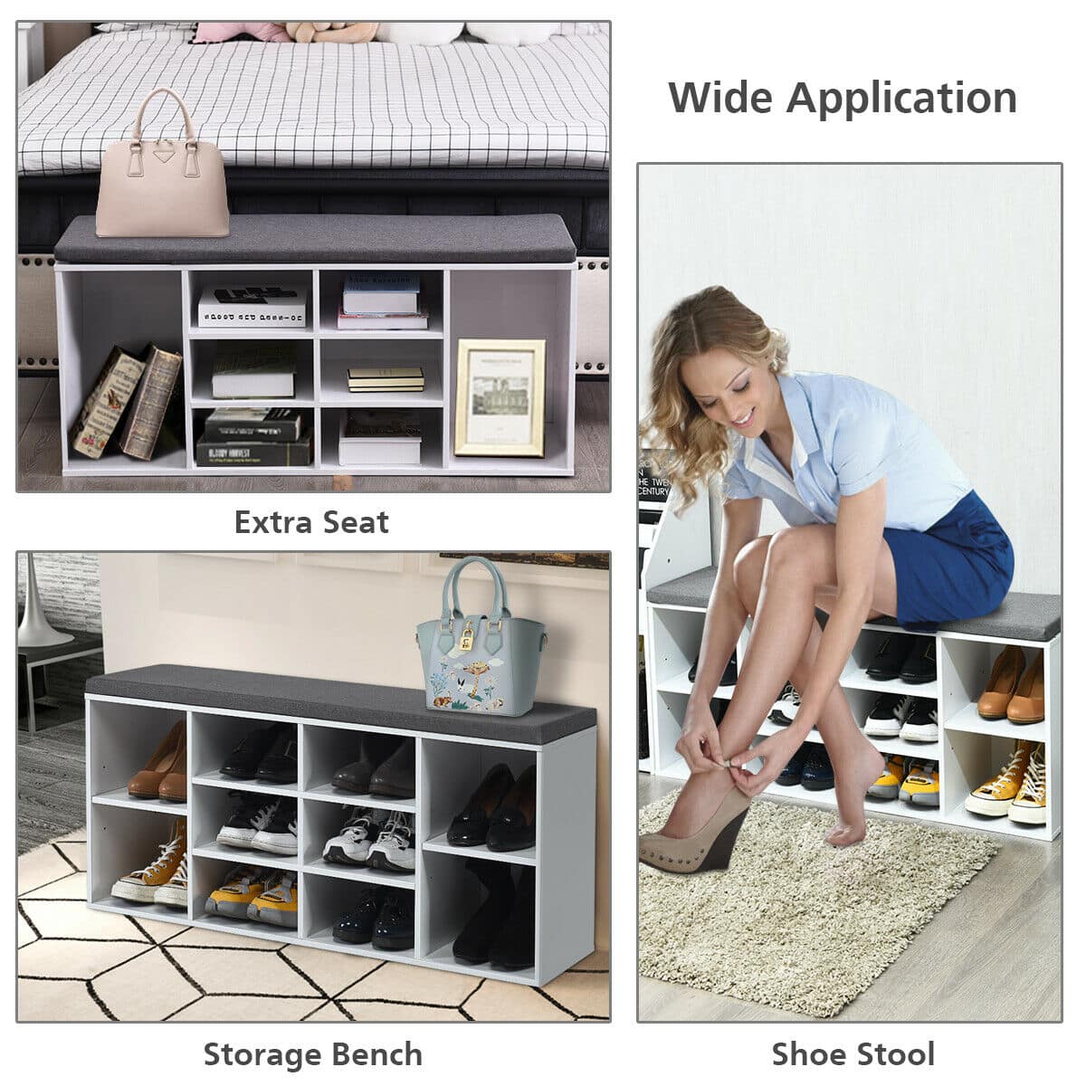 Wide Application: This image showcases a storage bench with a wide application, which can be used for various purposes such as storing shoes, books, and other items. It also features a shoe stool, which can be used for sitting or placing shoes. The storage bench is designed to maximize the use of space in a room, making it a practical and functional piece of furniture.