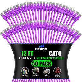 Maximm - Cat 6 Ethernet Cable 12 ft (50-Pack) - UTP, 10Gbps, 550MHz