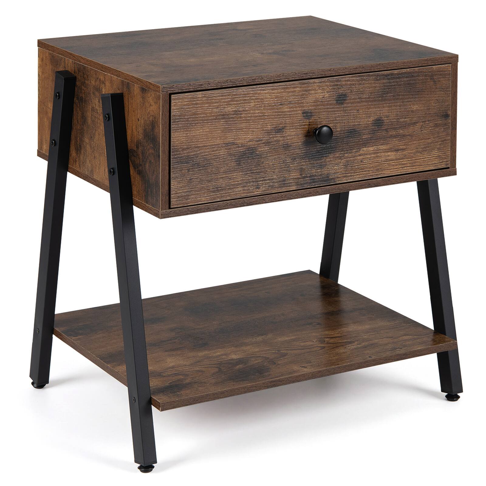 Alt View 8. Gymax - Gymax Industrial Nightstand w/ Drawer Open Storage Shelf Adjustable Foot Pads - Brown.