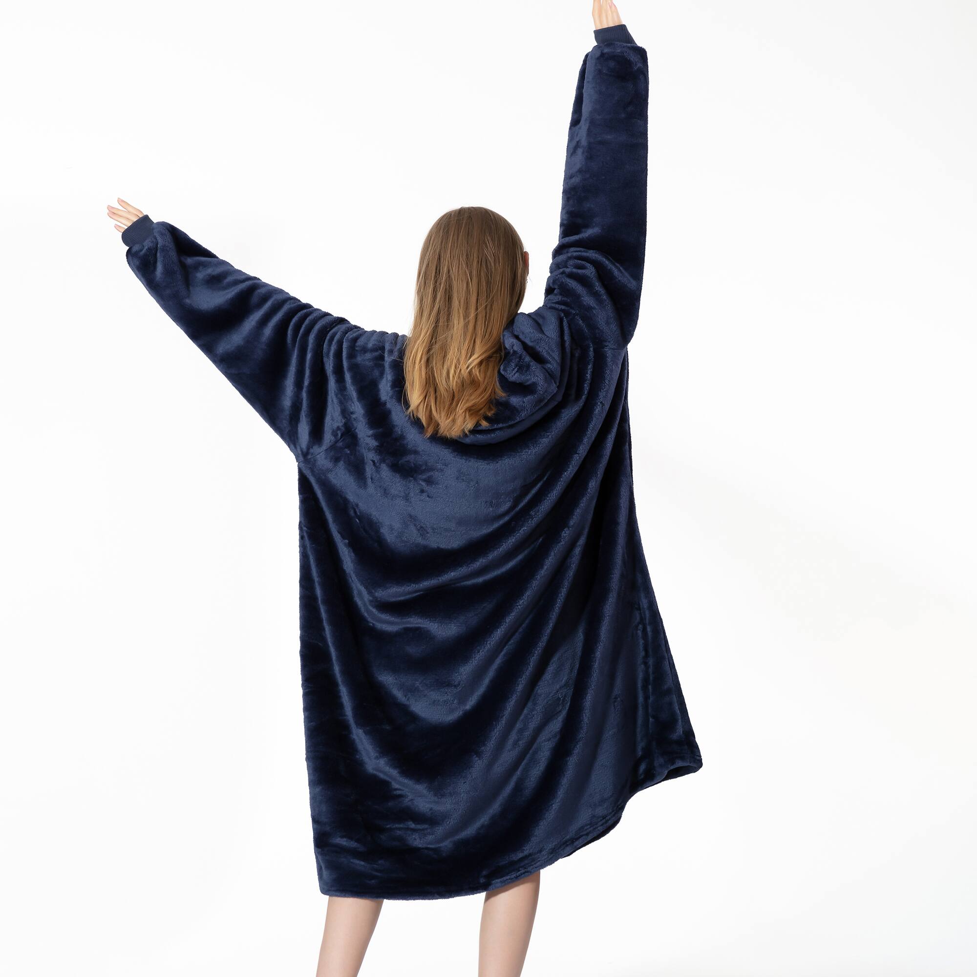 Back. Sweet Home Collection - Oversized Wearable Adult Blanket with Sleeves and Hood - Navy Blue.