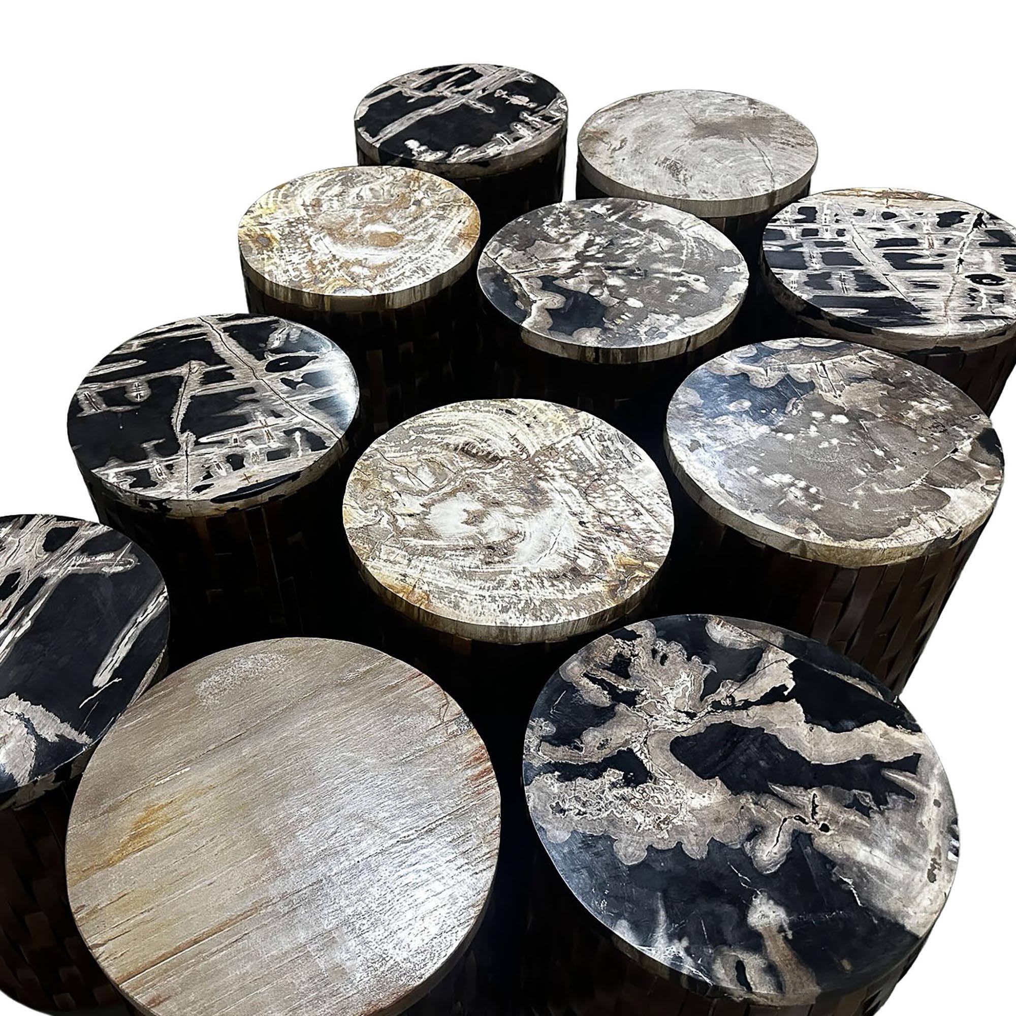 Alt View 5. bali & pari - Lavanya End Table with Petrified Wood Top - Drum Accent Side Table with Recycled Teak Wood Frame - Black/Cream/Antique Brown.
