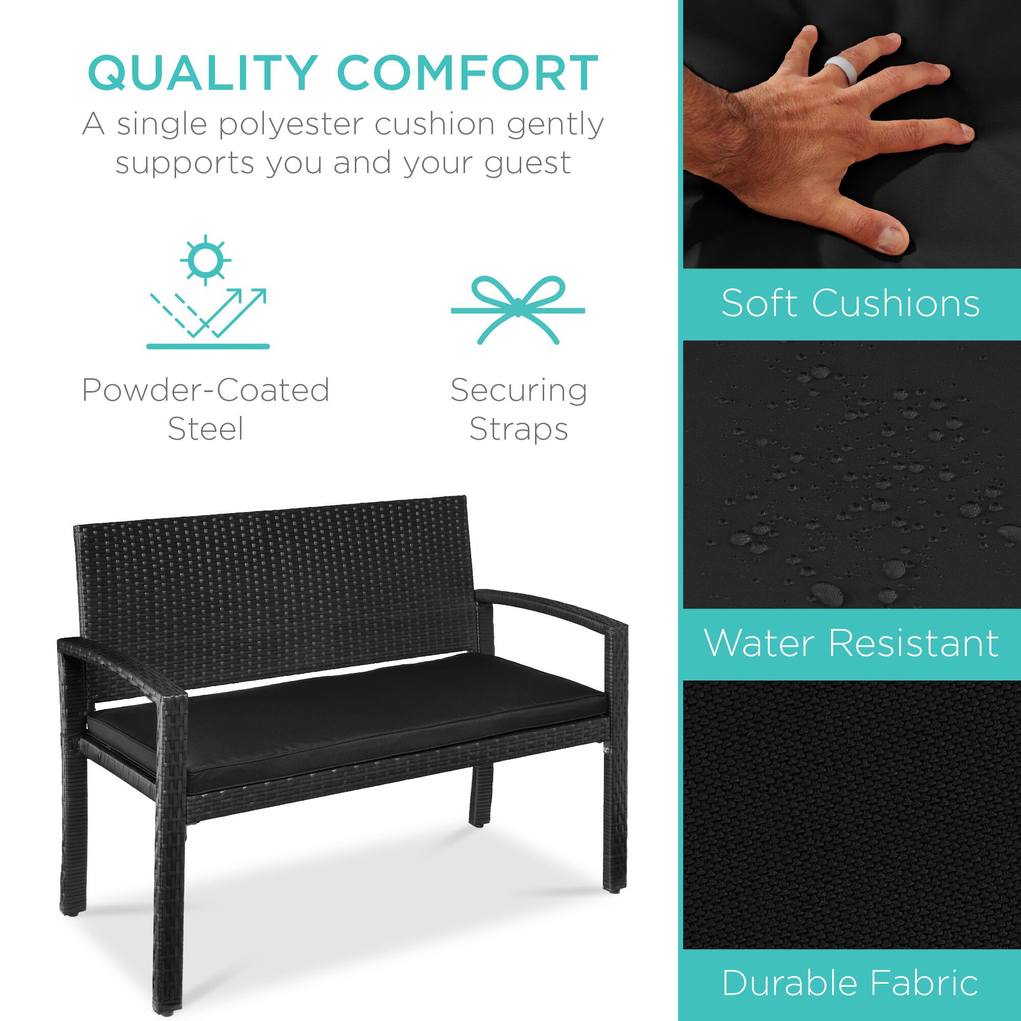 QUALITY COMFORT  
A single polyester cushion gently supports you and your guest  

Powder-Coated Steel  
Securing Straps  

Soft Cushions  
Water Resistant  
Durable Fabric