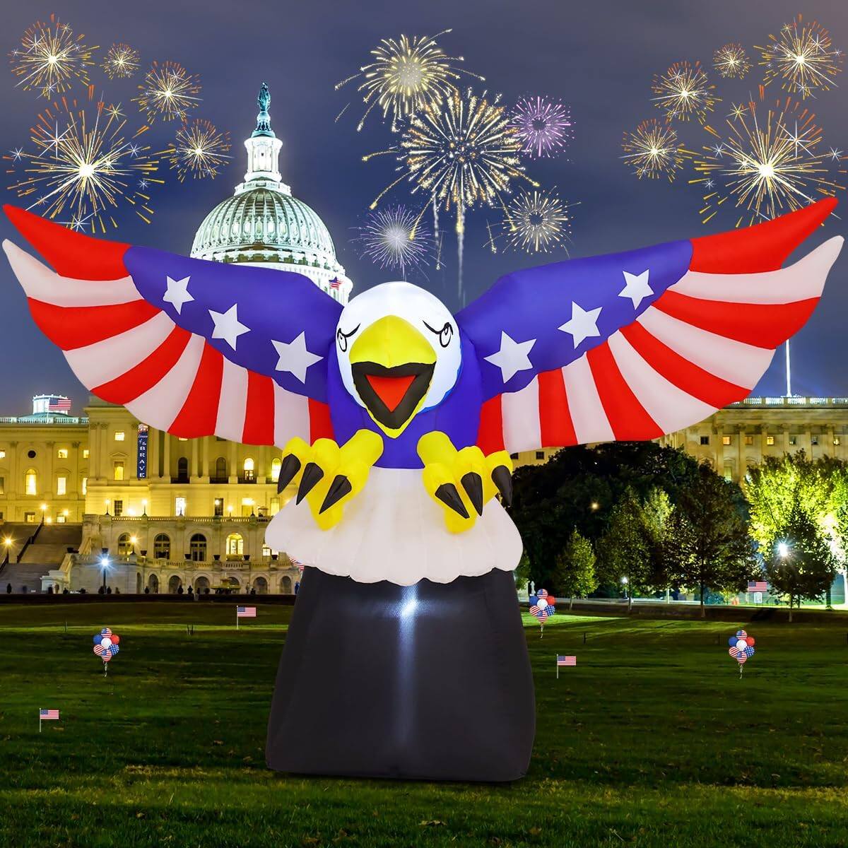 Back. GOOSH Inflatables - GOOSH 6FT Patriotic Independence Day American Flying Bald Eagle Inflatable with LED Lights - White.