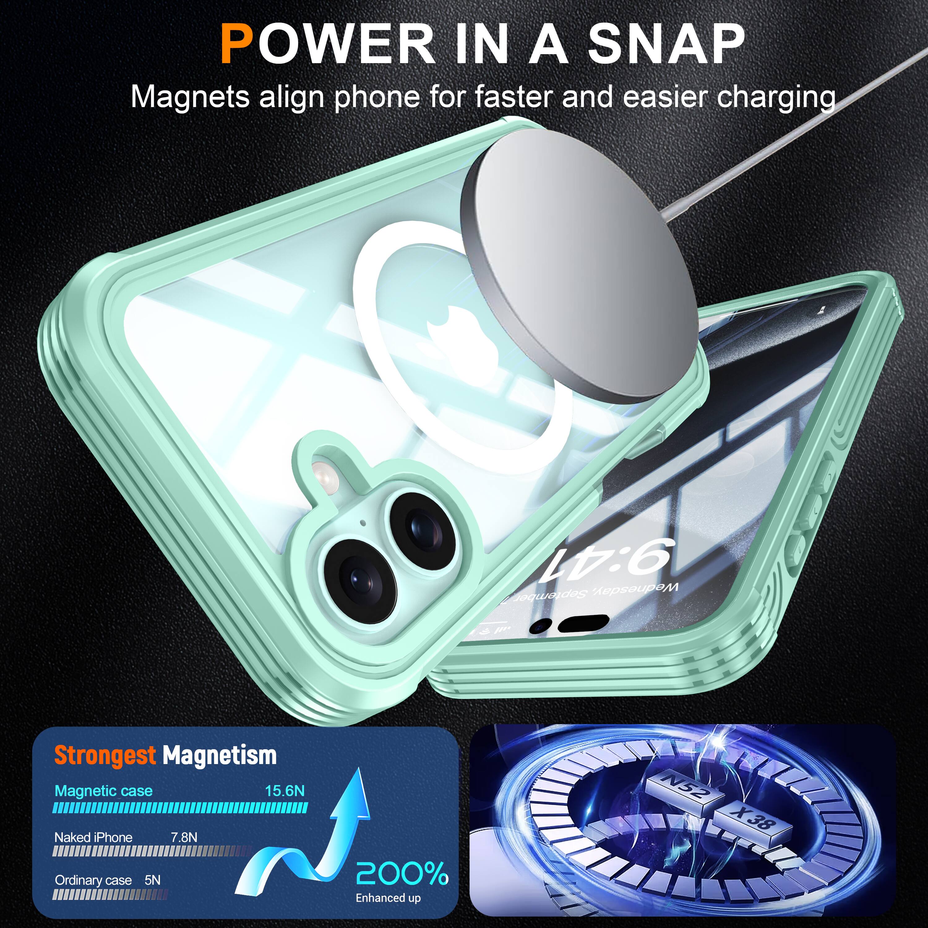 POWER IN A SNAP  
Magnets align phone for faster and easier charging  

Strongest Magnetism  
Magnetic case 15.6N  
Naked iPhone 7.8N  
Ordinary case 5N  
200% Enhanced up N52 X38