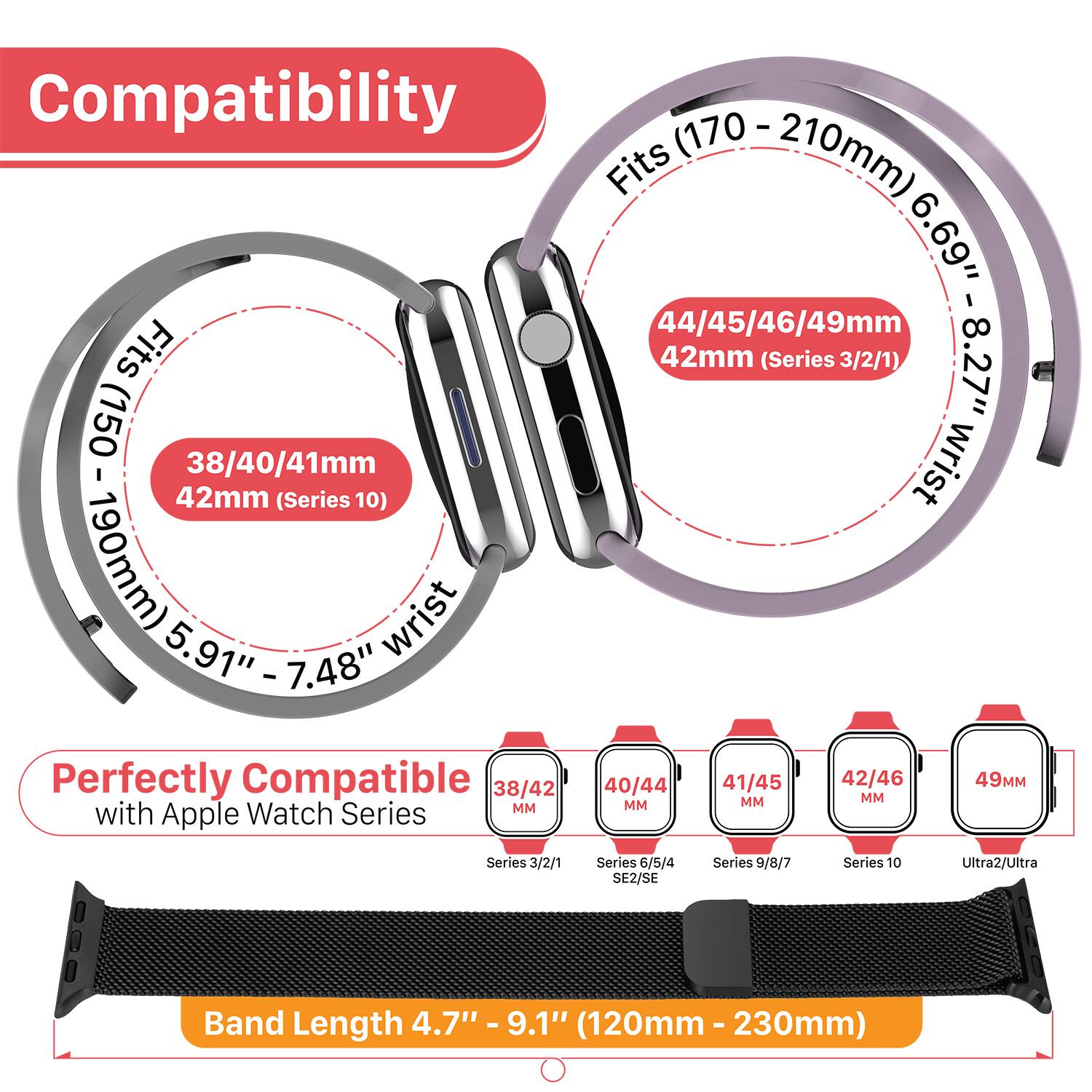 Compatibility

- Fits (170 - 210mm) 6.69" - 8.27" wrist
  - 44/45/46/49mm
  - 42mm (Series 3/2/1)

- Fits (150 - 190mm) 5.91" - 7.48" wrist
  - 38/40/41mm
  - 42mm (Series 10)

Perfectly Compatible with Apple Watch Series

- 38/40/41mm
- 40/44mm
- 41/45mm
- 42/46mm
- 49mm

Series 3/2/1
Series 6/5/4 SE2/SE
Series 9/8/7
Series 10
Ultra2/Ultra

Band Length 4.7" - 9.1" (120mm - 230mm)