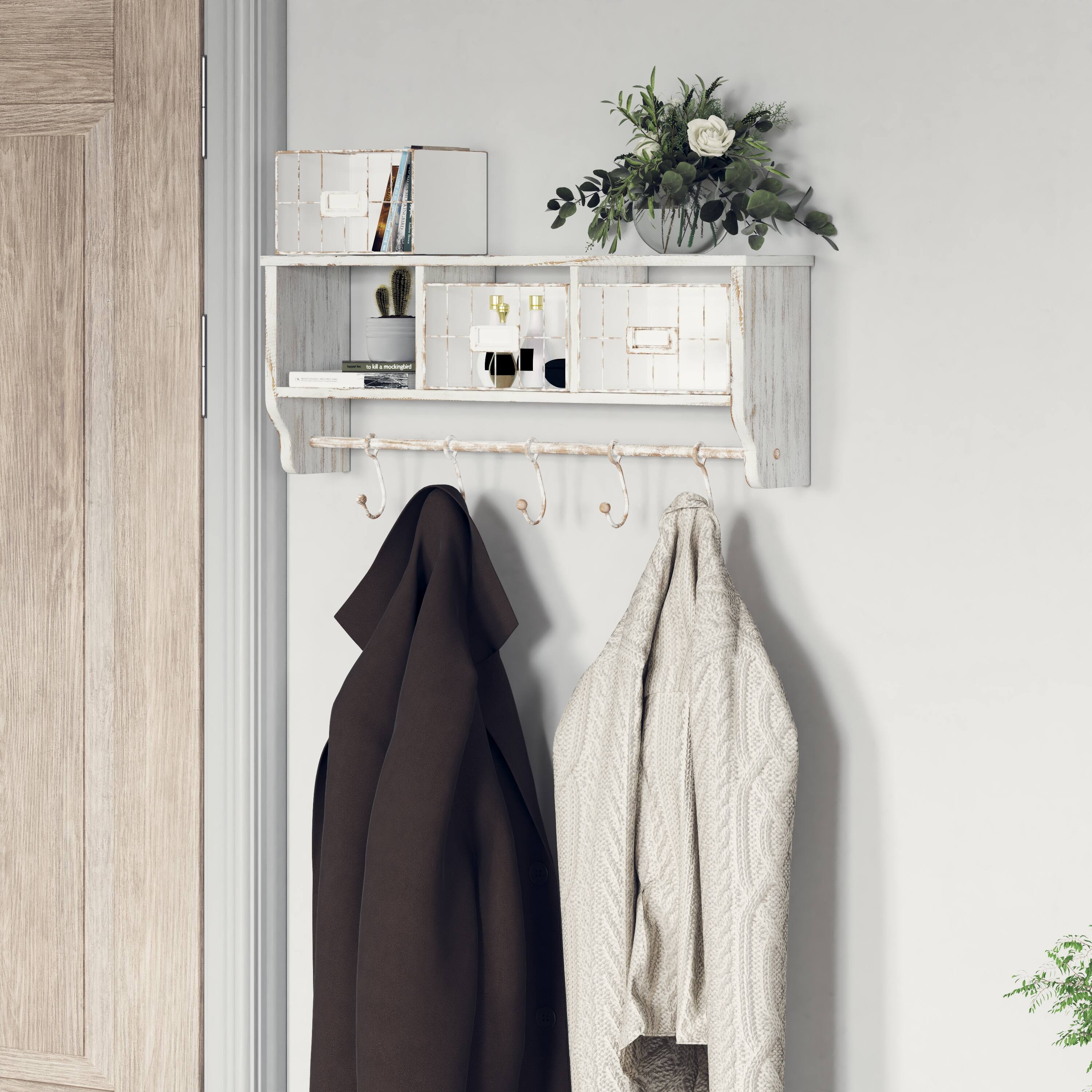 Alt View 1. Emma + Oliver - Mulhall Rustic Country Wall Mounted Shelf with 5 Adjustable Sliding Hooks and Three Wire Storage Baskets - White Wash.