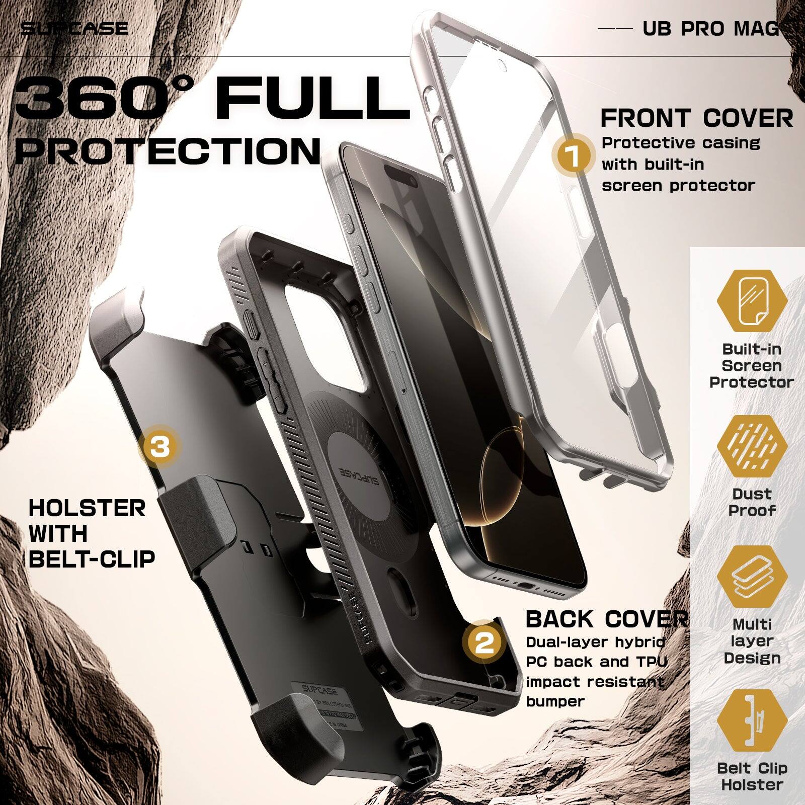 SUPLASE UB PRO MAG 360 FULL PROTECTION FRONT COVER Protective casing 1 with built-in screen protector Built-in Screen Protector 3 HOLSTER WITH BELT-CLIP SUPCASE : SUPCASE 2 Dust Proof 20000 BACK COVER Multi Dual-layer hybrid layer PC back and TPU Design impact resistant bumper Belt Clip Holster