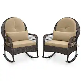 Costway - 2PCS Outdoor Wicker Rocking Chair with Waist Pillow & Soft Removable Cushions - Mix Brown + Beige
