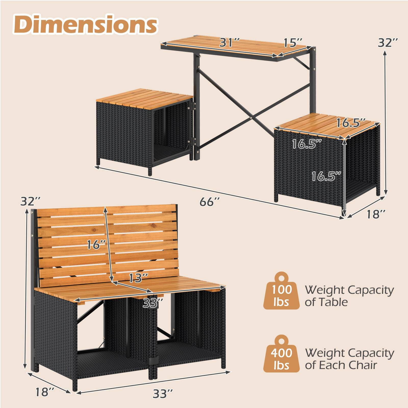 Dimensions  
- Table: 31" x 15" x 32"  
- Bench: 32" x 16" x 13"  
- Chair: 16.5" x 16.5" x 16.5"  
- Overall: 66" x 33" x 32"  

Weight Capacity  
- Table: 100 lbs  
- Each Chair: 400 lbs