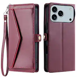 Dteck - Foilo Wallet Case for Apple iPhone 17 Pro Max,Shockproof Card Holder PU Leather Magnetic Snap Phone Cover with Lanyard - Winered