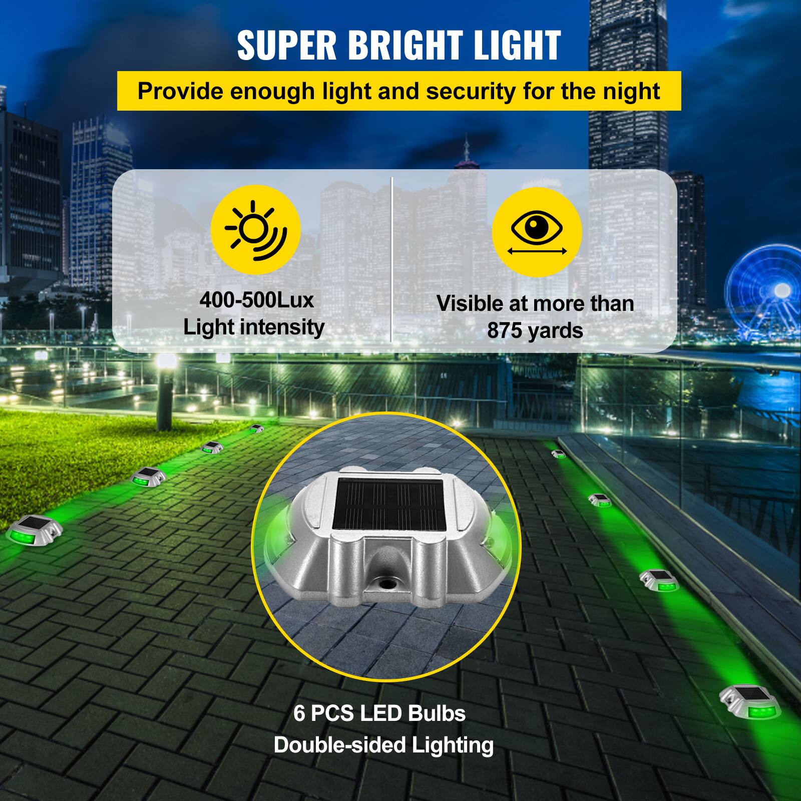 SUPER BRIGHT LIGHT  
Provide enough light and security for the night  

400-500Lux  
Light intensity  

Visible at more than 875 yards  

6 PCS LED Bulbs  
Double-sided Lighting
