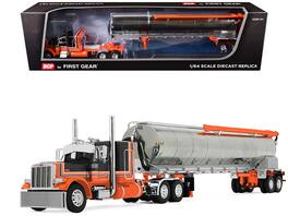 First Gear - Peterbilt 379 with 48" Flat Top Sleeper and Walinga Bulk Feed Trailer Orange and Black with Stripes 1/64 - Multi