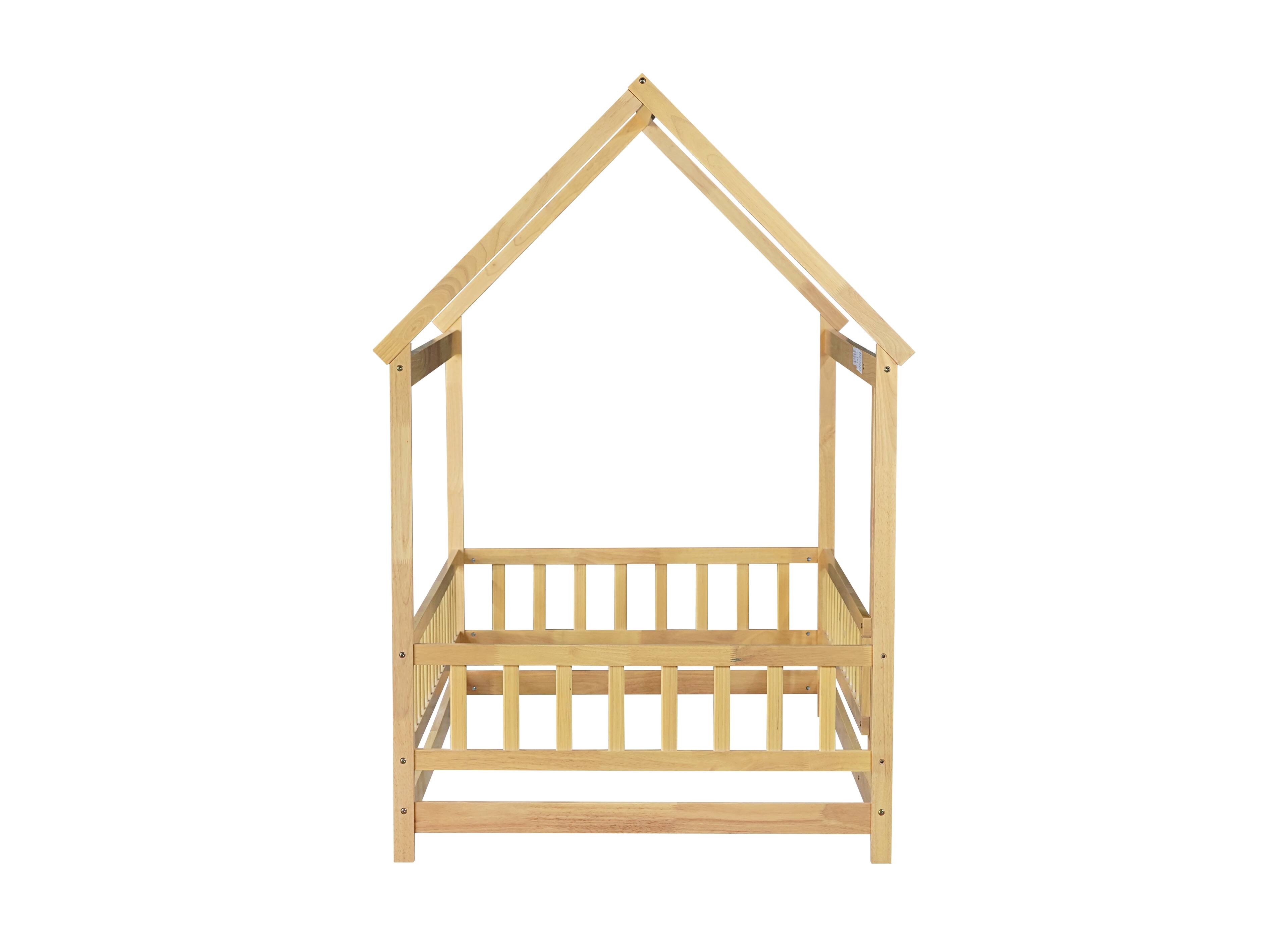 Alt View 8. Tiramisubest - Twin Size House Floor Wooden Bed with Roof Frame,Safety Guardrails,Natural - Natural.