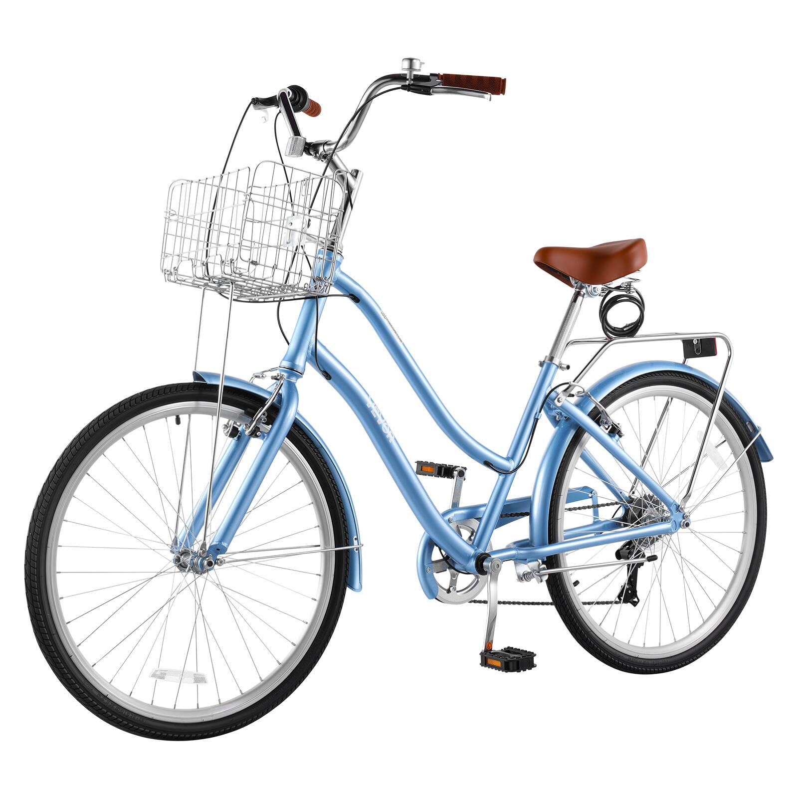 Alt View 5. VEVOR - Women Bike, 26 in Beach Cruiser Bike, 7-Speed Adult City Bicycle with Aluminum Alloy Frame, 330 lbs Capacity, Basket - Light Blue.